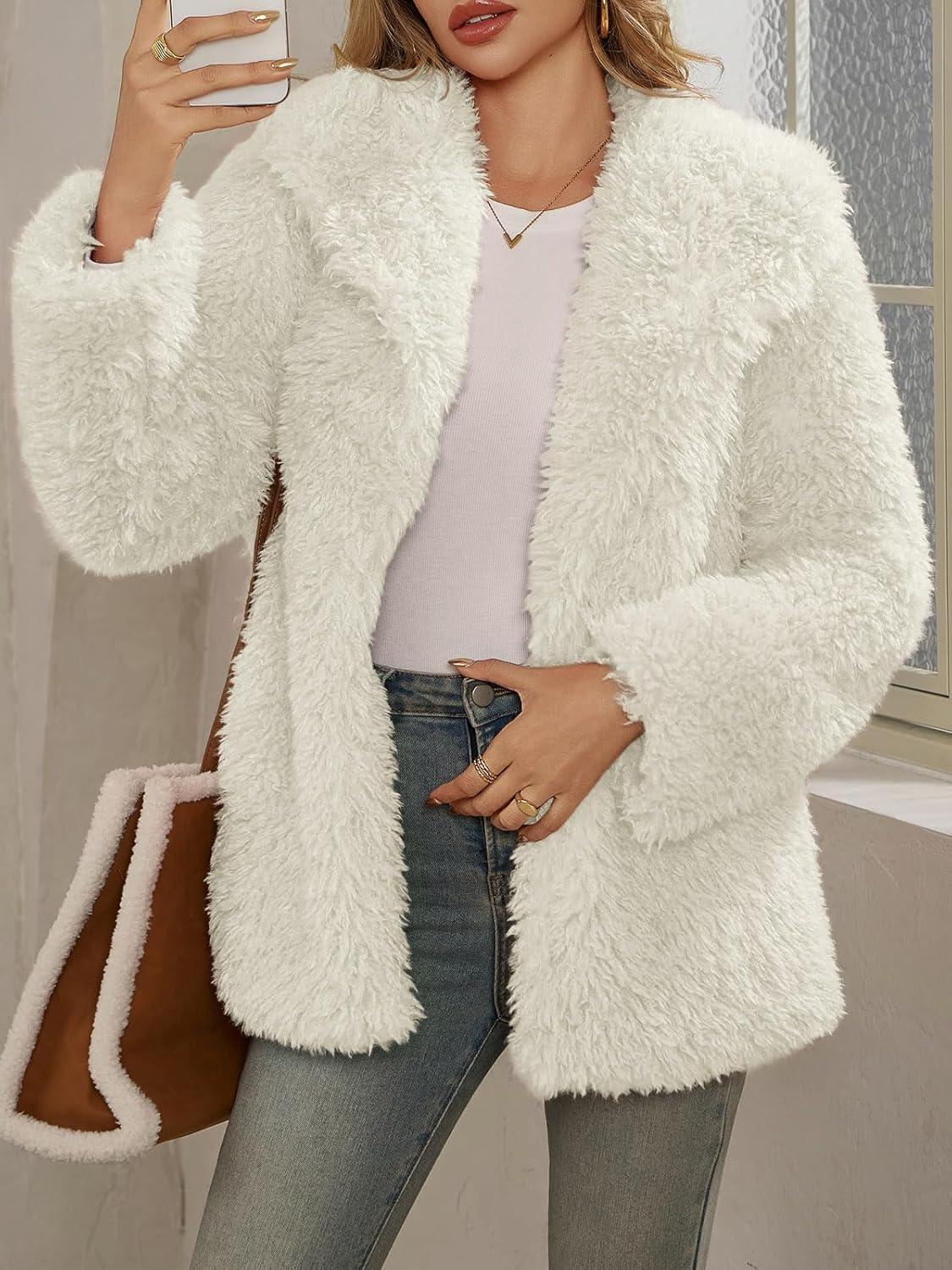 imageTankaneo Womens Oversized Faux Fur Coat Lapel Collar Open Front Fuzzy Jackets Winter Warm Fluffy OuterwearWhite