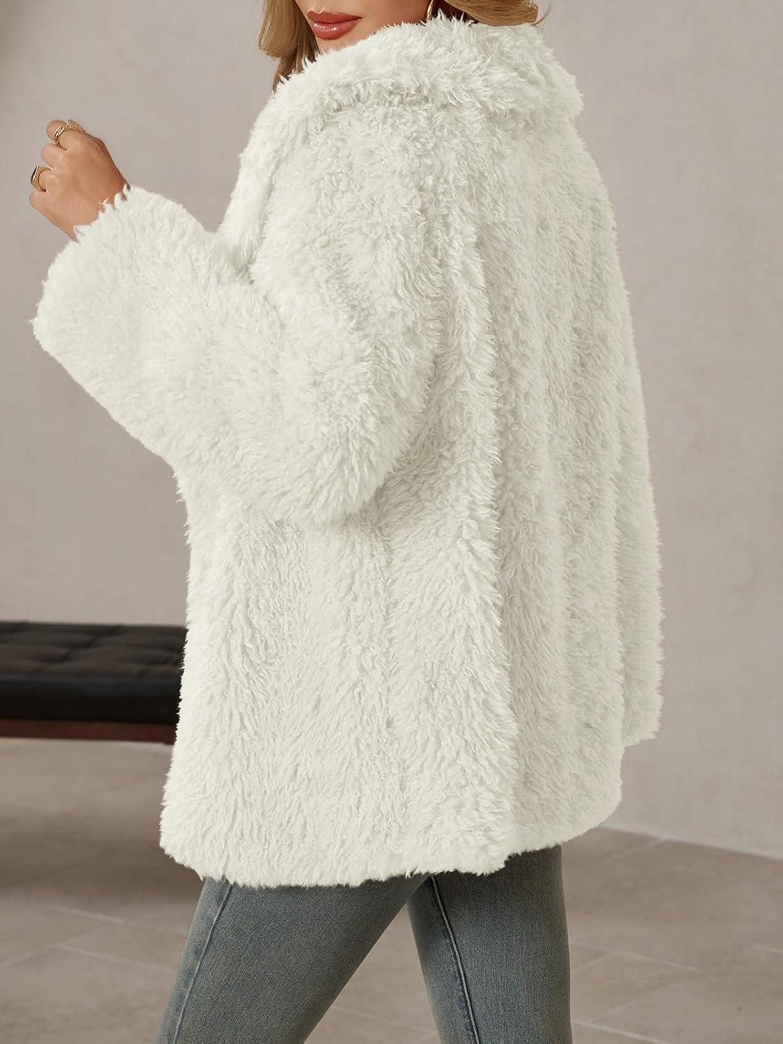 imageTankaneo Womens Oversized Faux Fur Coat Lapel Collar Open Front Fuzzy Jackets Winter Warm Fluffy OuterwearWhite