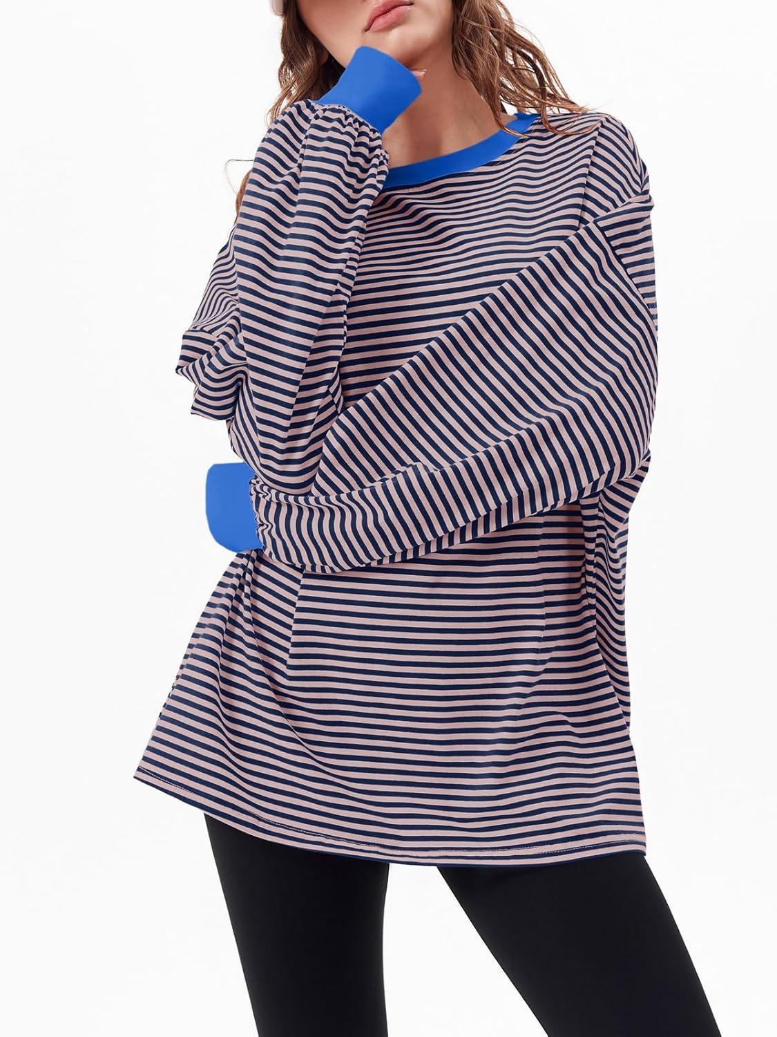 imageTankaneo Womens Oversized Long Sleeve T Shirts Striped Color Block Cotton Tunic Tops Loose Fit Fall Crewneck SweatshirtPinkblue