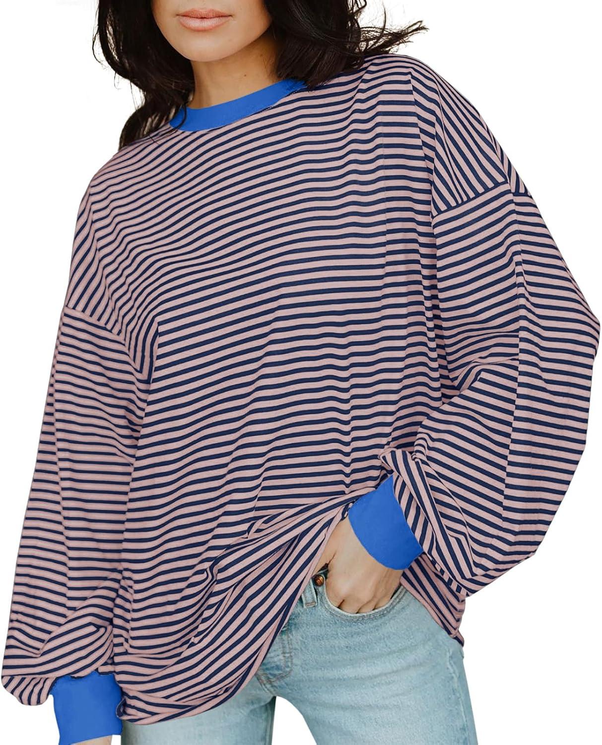 imageTankaneo Womens Oversized Long Sleeve T Shirts Striped Color Block Cotton Tunic Tops Loose Fit Fall Crewneck SweatshirtPinkblue