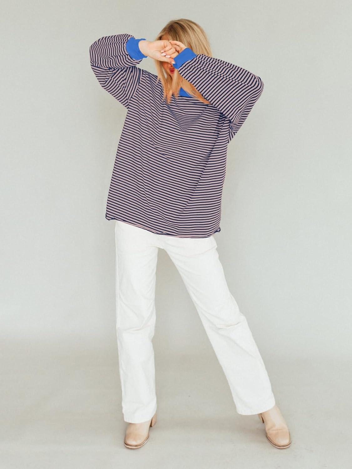 imageTankaneo Womens Oversized Long Sleeve T Shirts Striped Color Block Cotton Tunic Tops Loose Fit Fall Crewneck SweatshirtPinkblue