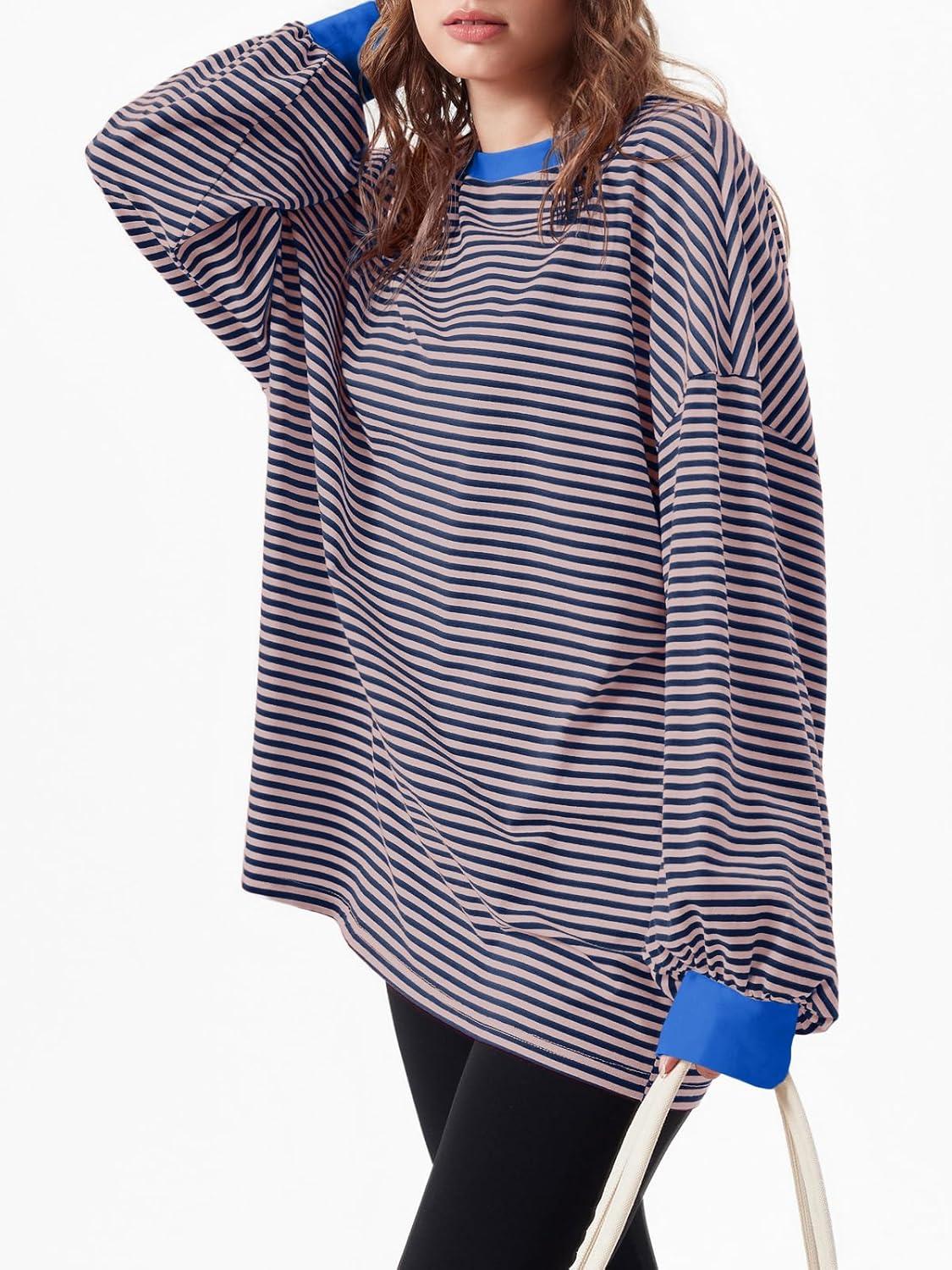 imageTankaneo Womens Oversized Long Sleeve T Shirts Striped Color Block Cotton Tunic Tops Loose Fit Fall Crewneck SweatshirtPinkblue
