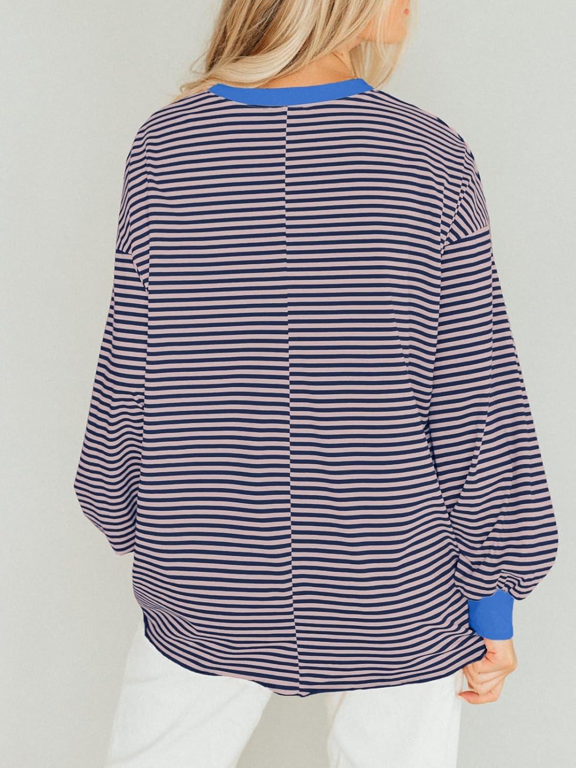 imageTankaneo Womens Oversized Long Sleeve T Shirts Striped Color Block Cotton Tunic Tops Loose Fit Fall Crewneck SweatshirtPinkblue
