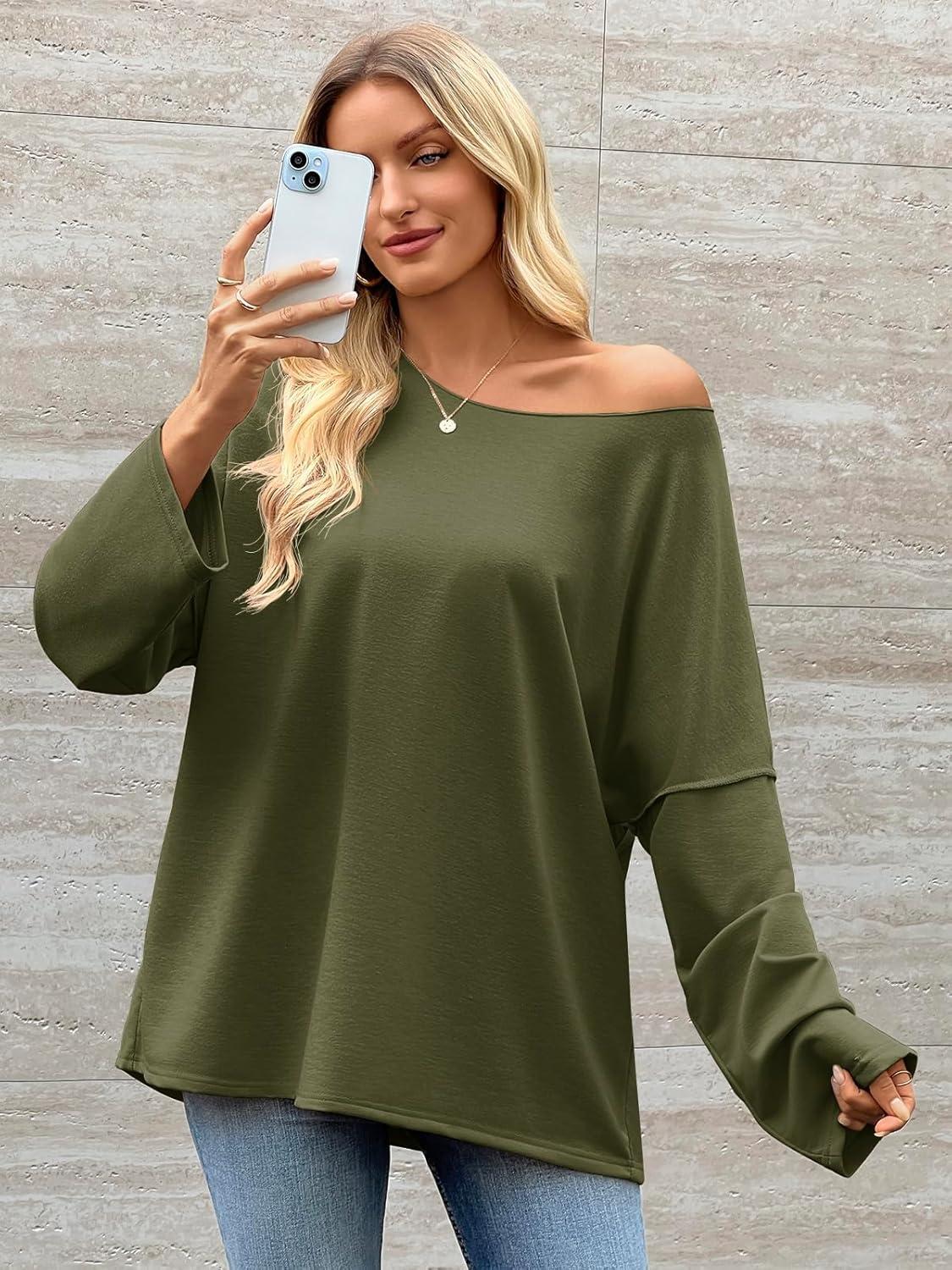 imageTankaneo Womens Oversized Off The Shoulder Tshirts Summer Casual Long Sleeve Tunic Tops Boat Neck Loose Fit Flowy SweatshirtArmy Green