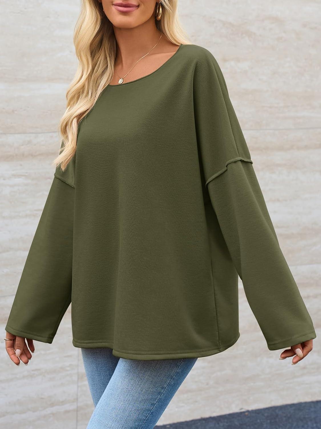 imageTankaneo Womens Oversized Off The Shoulder Tshirts Summer Casual Long Sleeve Tunic Tops Boat Neck Loose Fit Flowy SweatshirtArmy Green