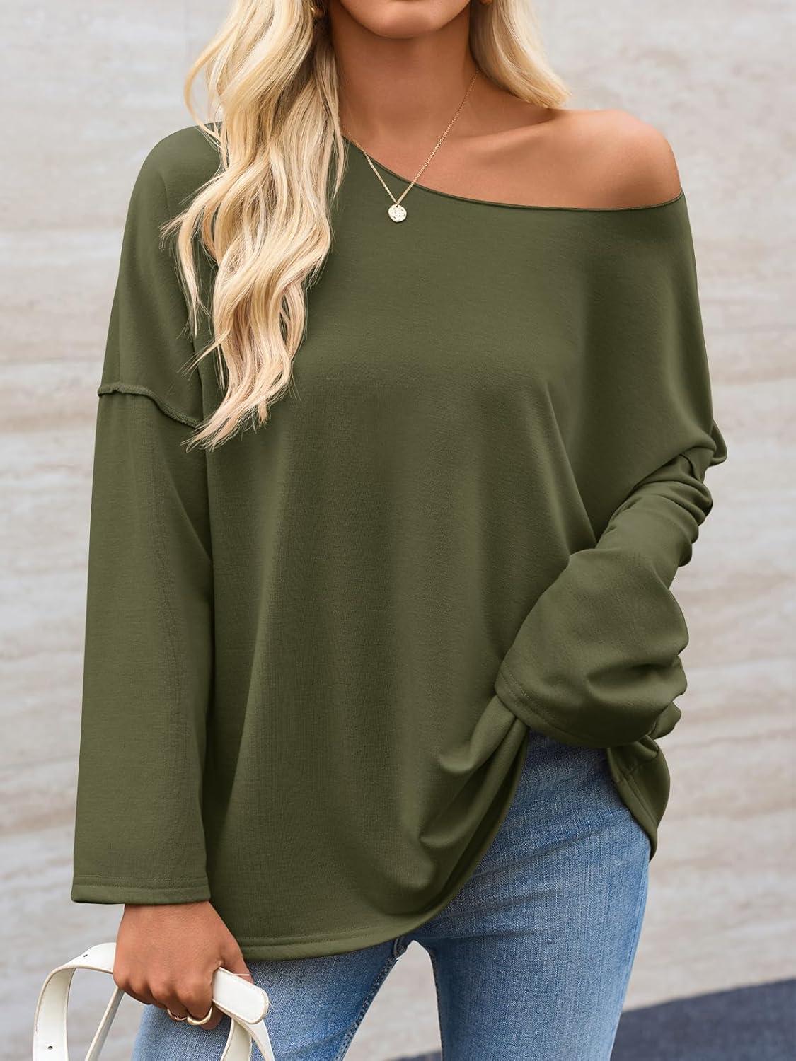 imageTankaneo Womens Oversized Off The Shoulder Tshirts Summer Casual Long Sleeve Tunic Tops Boat Neck Loose Fit Flowy SweatshirtArmy Green