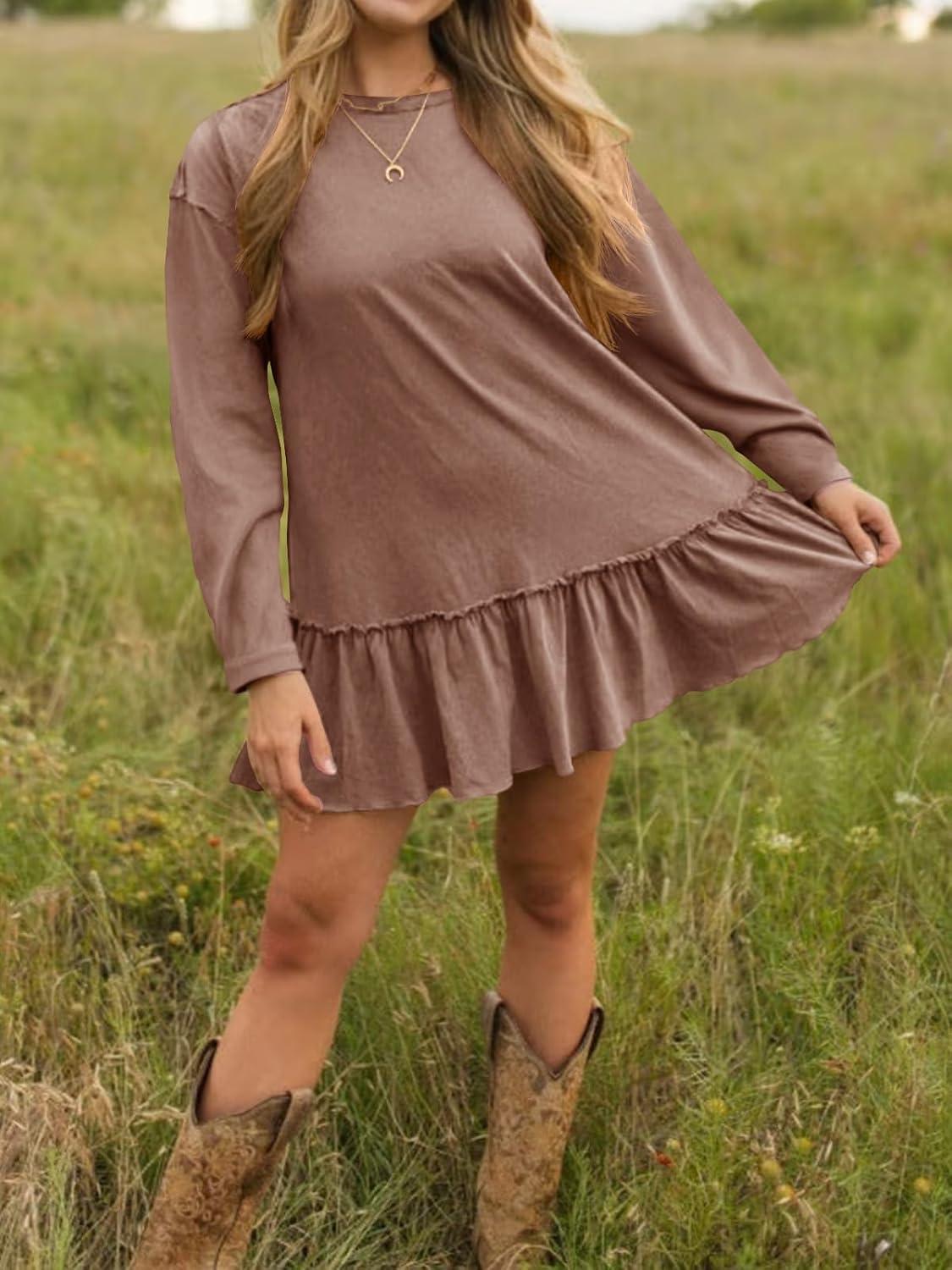 imageTankaneo Womens Oversized Peplum Tunic Tops Long Sleeve Babydoll Tops Casual Pleated Shirts Crew Neck Flowy Loose Fit TeesLight Brown