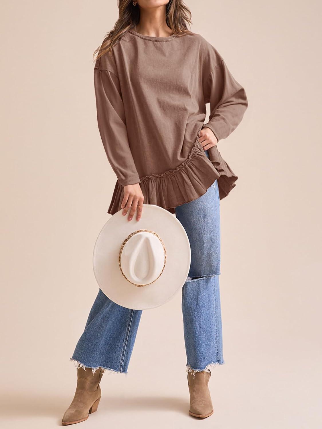 imageTankaneo Womens Oversized Peplum Tunic Tops Long Sleeve Babydoll Tops Casual Pleated Shirts Crew Neck Flowy Loose Fit TeesLight Brown