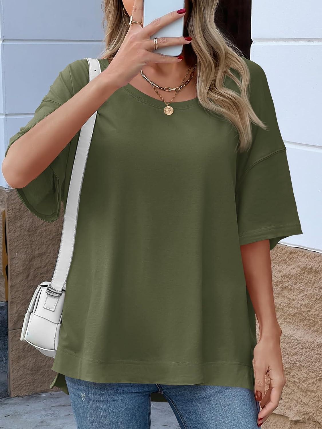 imageTankaneo Womens Oversized Scoop Neck Tshirts Summer Casual Short Sleeve Tops Side Slit Loose Fit Basic Tee ShirtsArmy Green