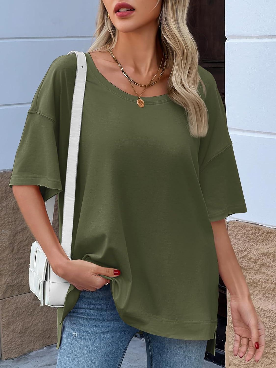 imageTankaneo Womens Oversized Scoop Neck Tshirts Summer Casual Short Sleeve Tops Side Slit Loose Fit Basic Tee ShirtsArmy Green
