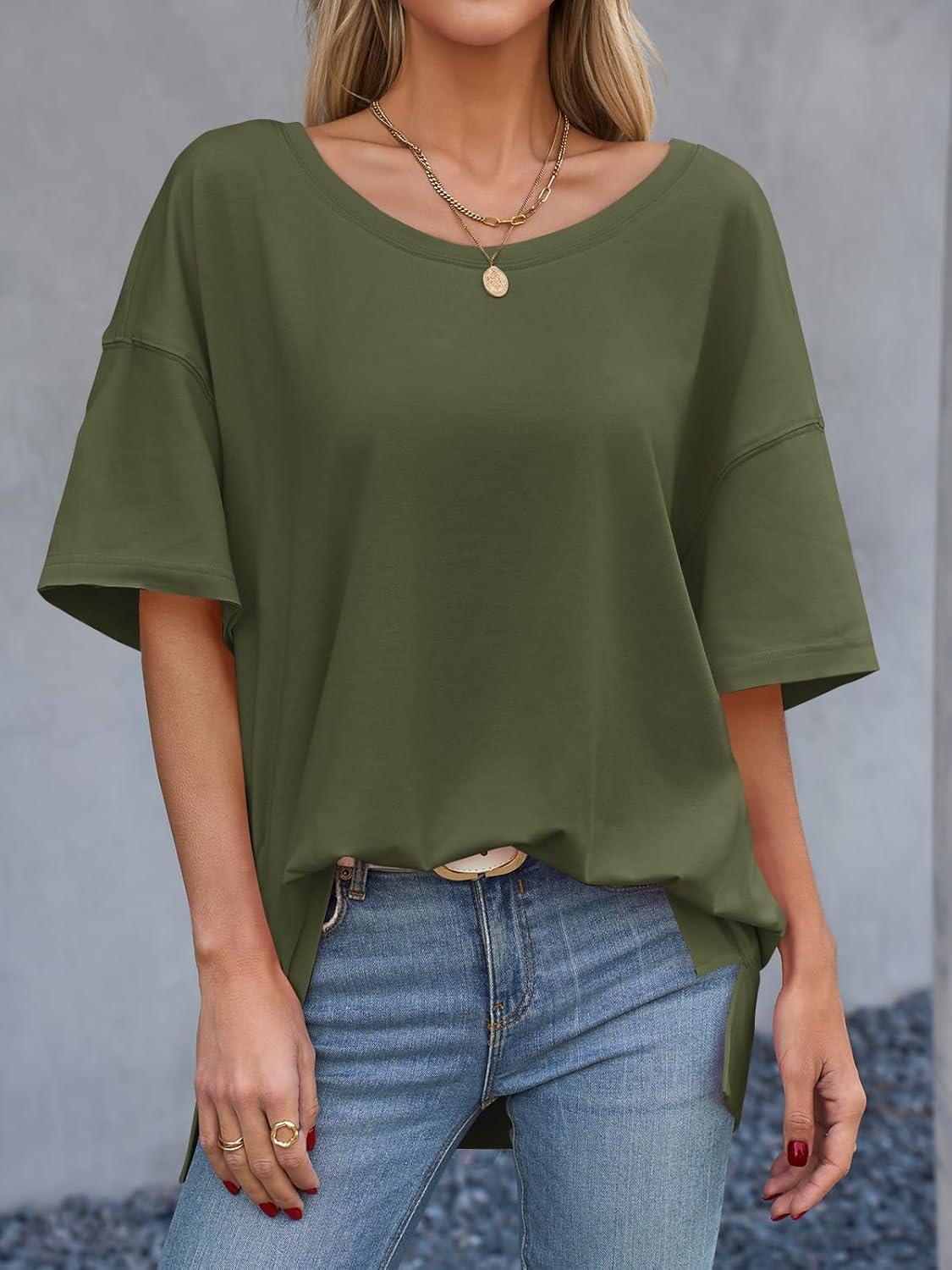 imageTankaneo Womens Oversized Scoop Neck Tshirts Summer Casual Short Sleeve Tops Side Slit Loose Fit Basic Tee ShirtsArmy Green