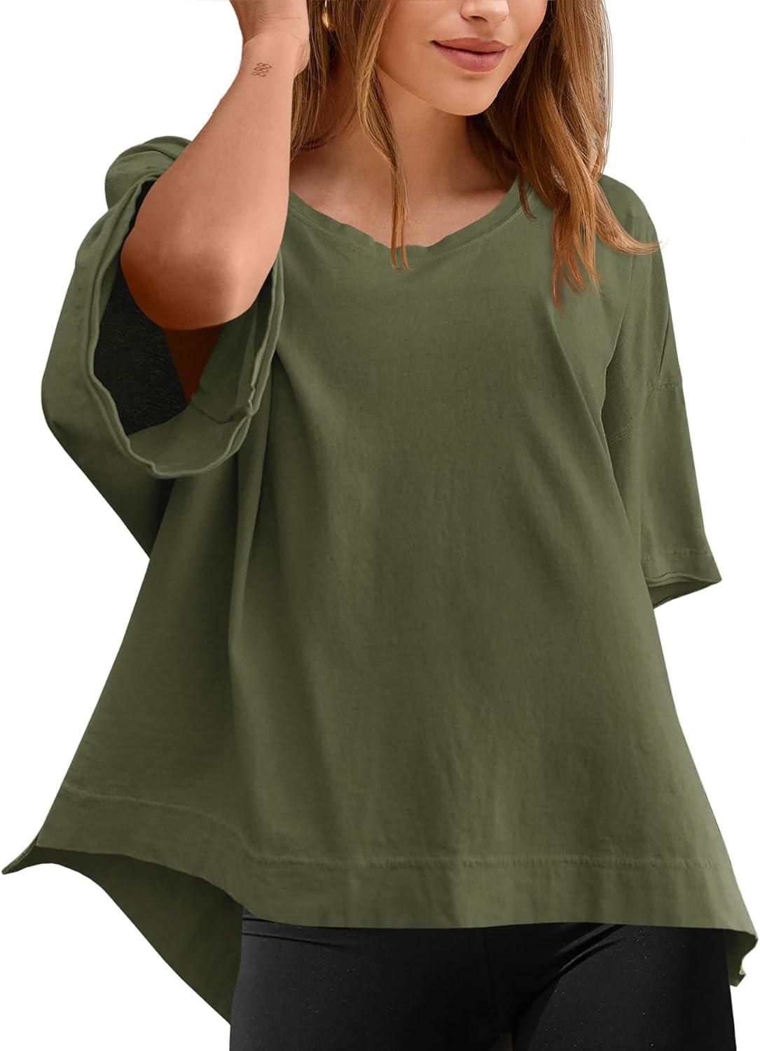 imageTankaneo Womens Oversized Scoop Neck Tshirts Summer Casual Short Sleeve Tops Side Slit Loose Fit Basic Tee ShirtsArmy Green