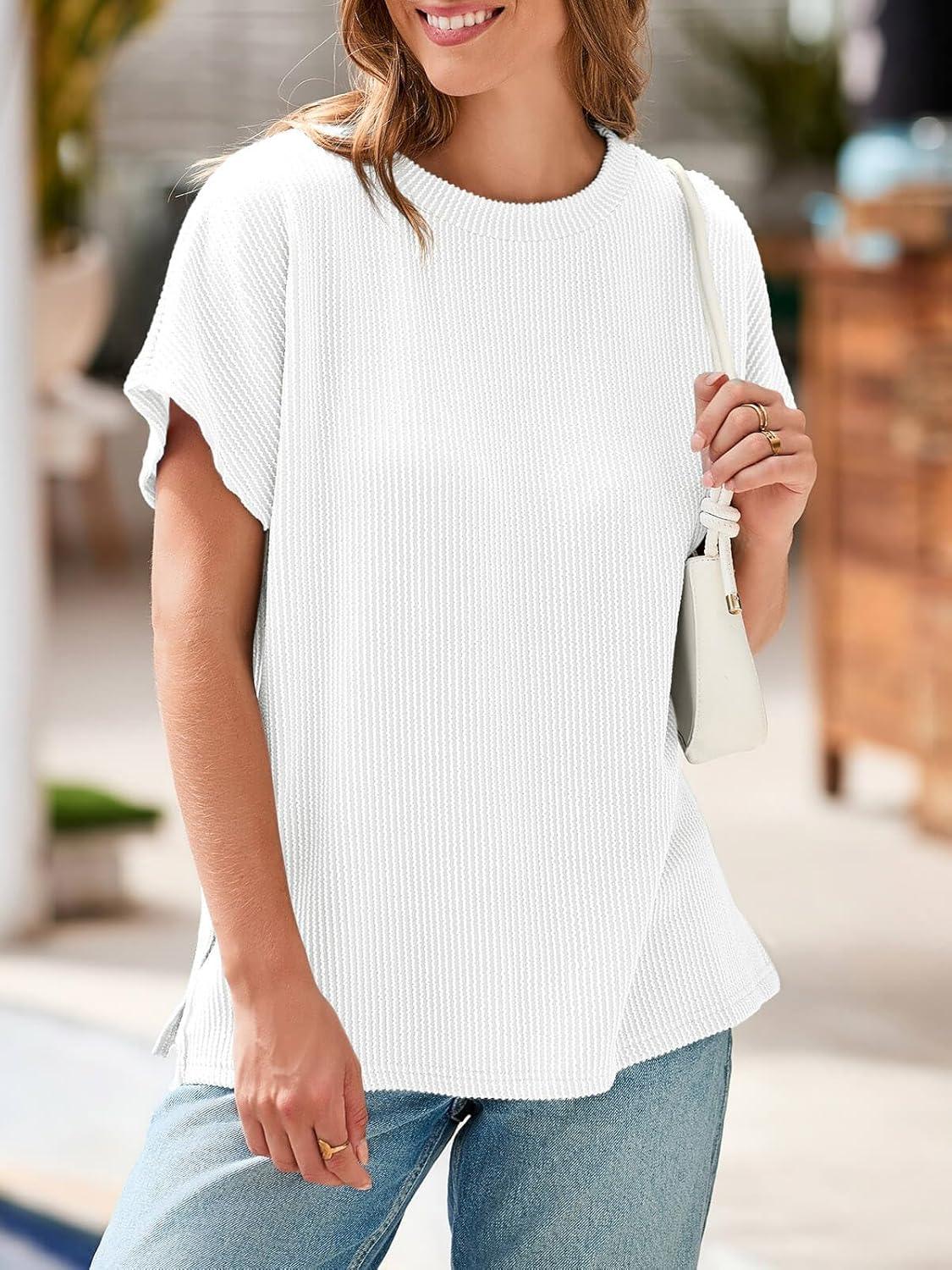 imageTankaneo Womens Oversized Short Cap Sleeve Tunic Tops Summer Casual Textured Ribbed Knit TShirts Loose Fit TeesWhite