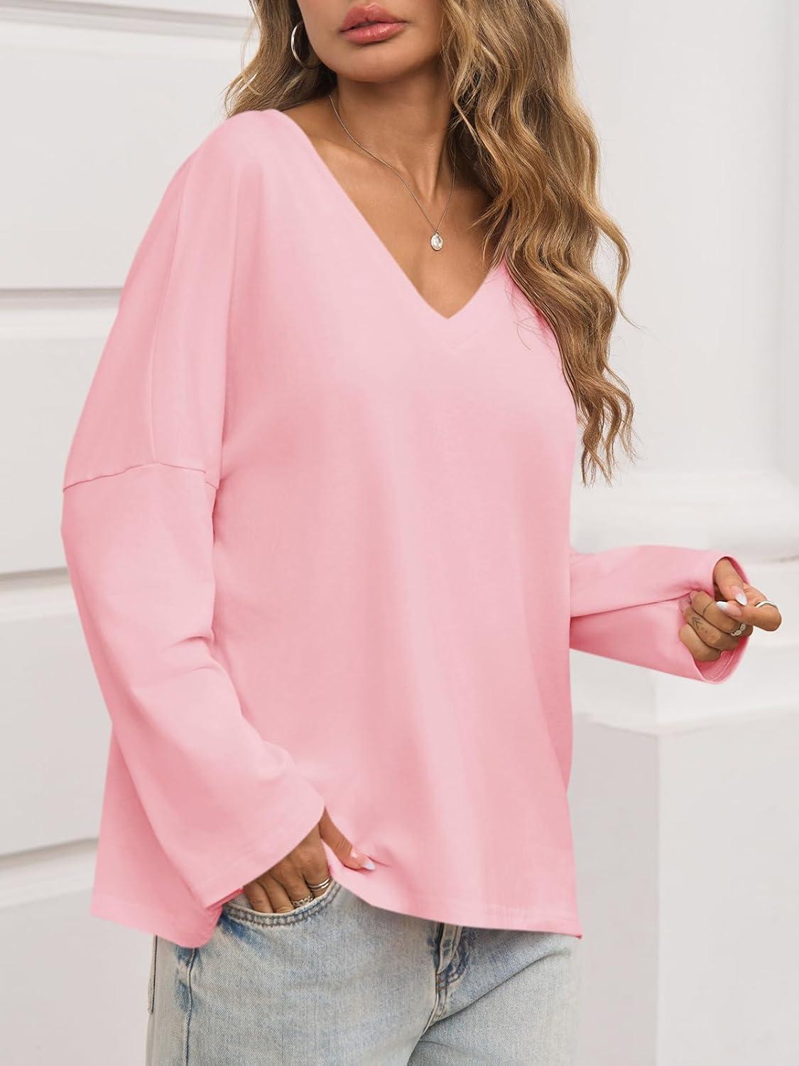 imageTankaneo Womens Oversized T Shirts Casual V Neck Batwing Long Sleeve Shirts Loose Fit Tunic TopsPink