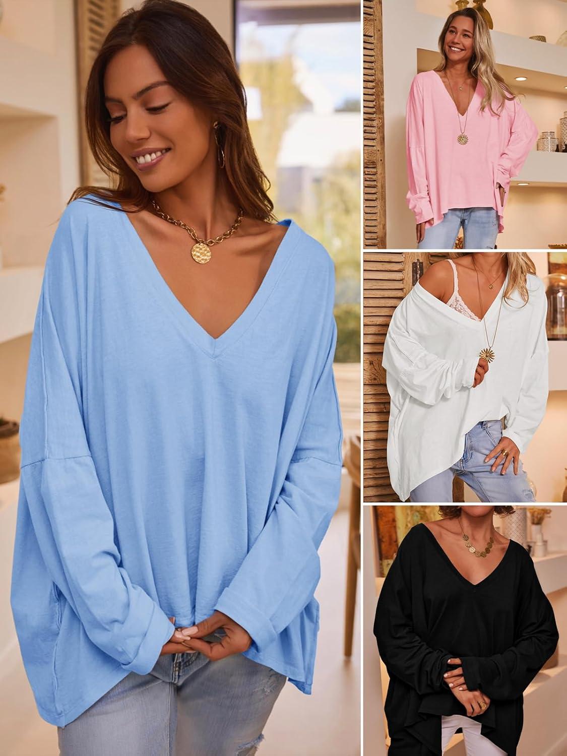 imageTankaneo Womens Oversized T Shirts Casual V Neck Batwing Long Sleeve Shirts Loose Fit Tunic TopsPink