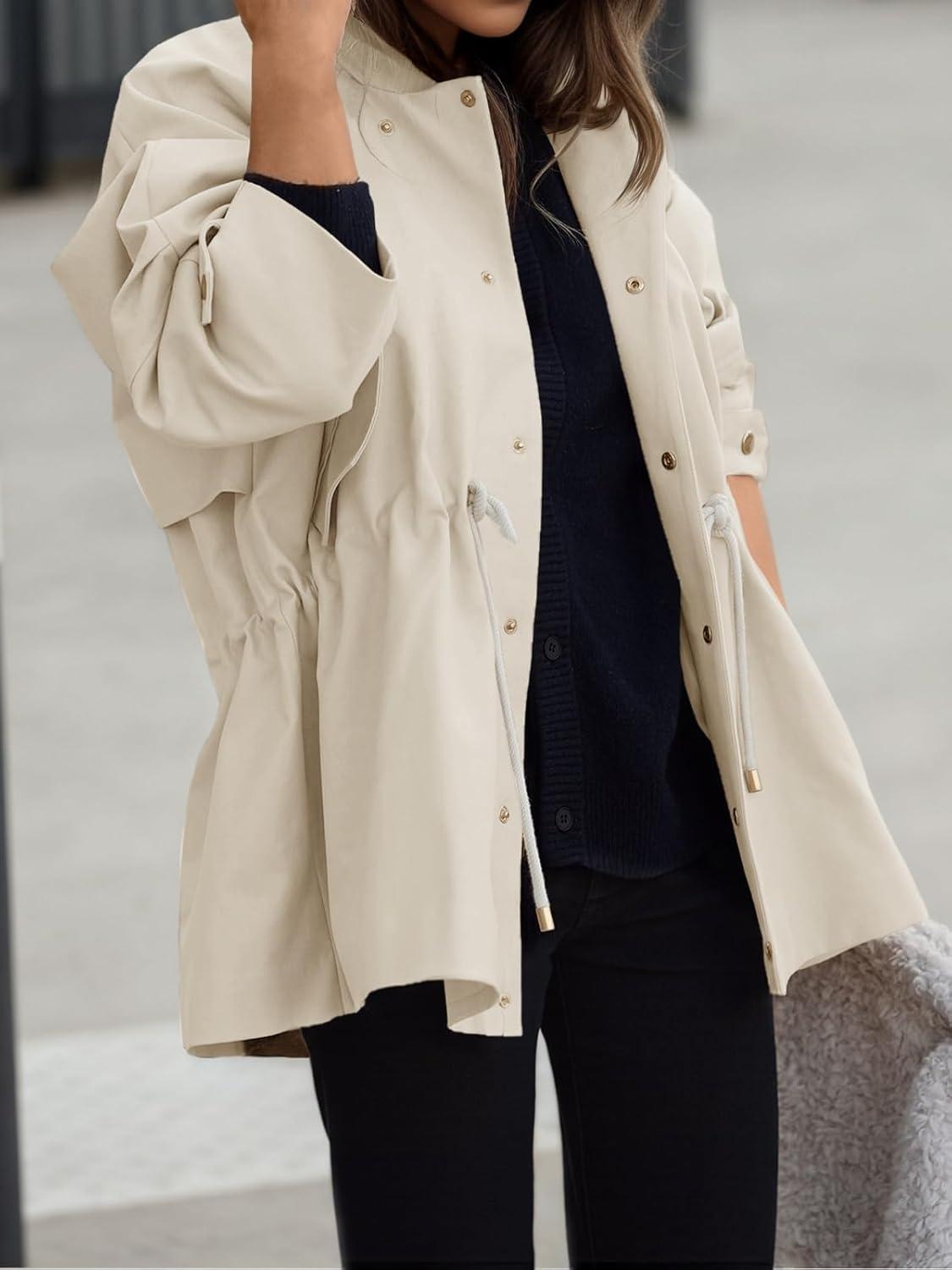 imageTankaneo Womens Oversized Trench Coat Mid Length Snap Button Fall Jacket Windproof Outerwear with DrawstringBeige