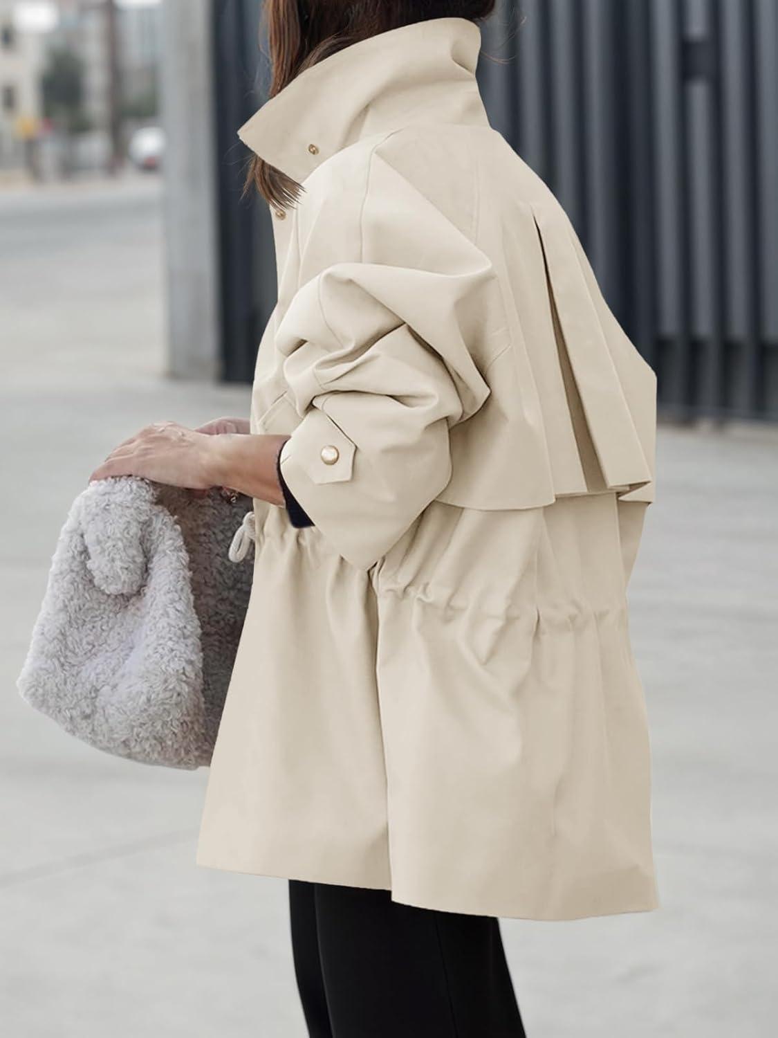 imageTankaneo Womens Oversized Trench Coat Mid Length Snap Button Fall Jacket Windproof Outerwear with DrawstringBeige