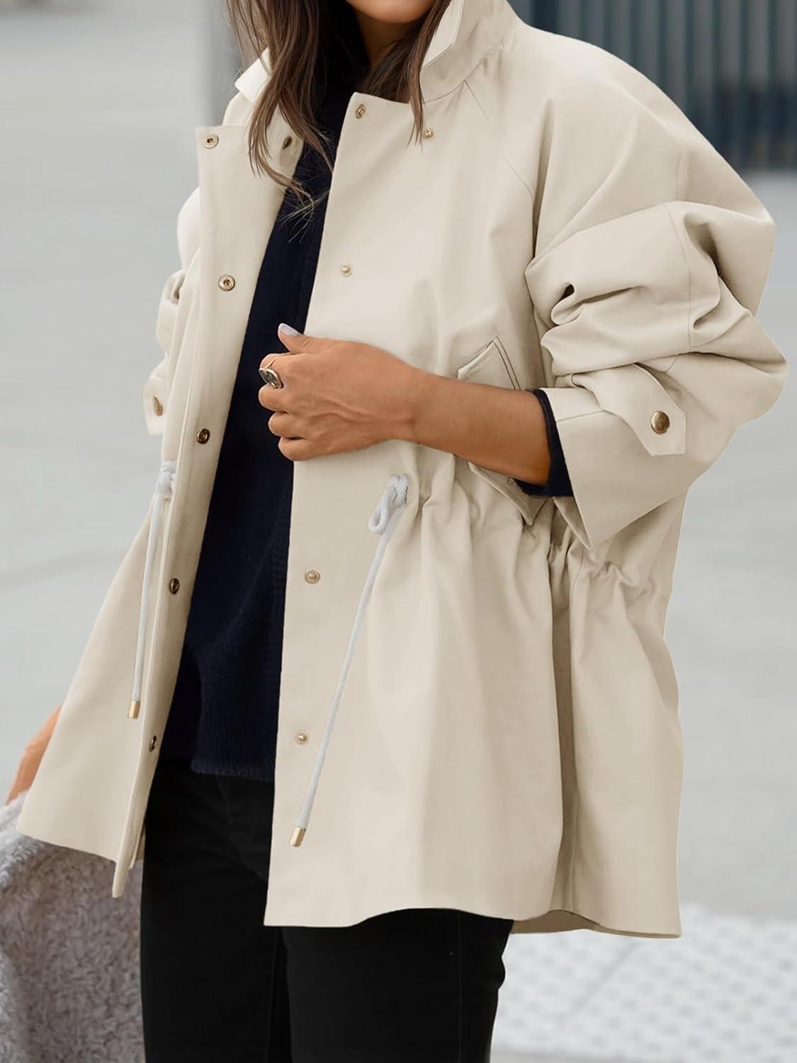 imageTankaneo Womens Oversized Trench Coat Mid Length Snap Button Fall Jacket Windproof Outerwear with DrawstringBeige