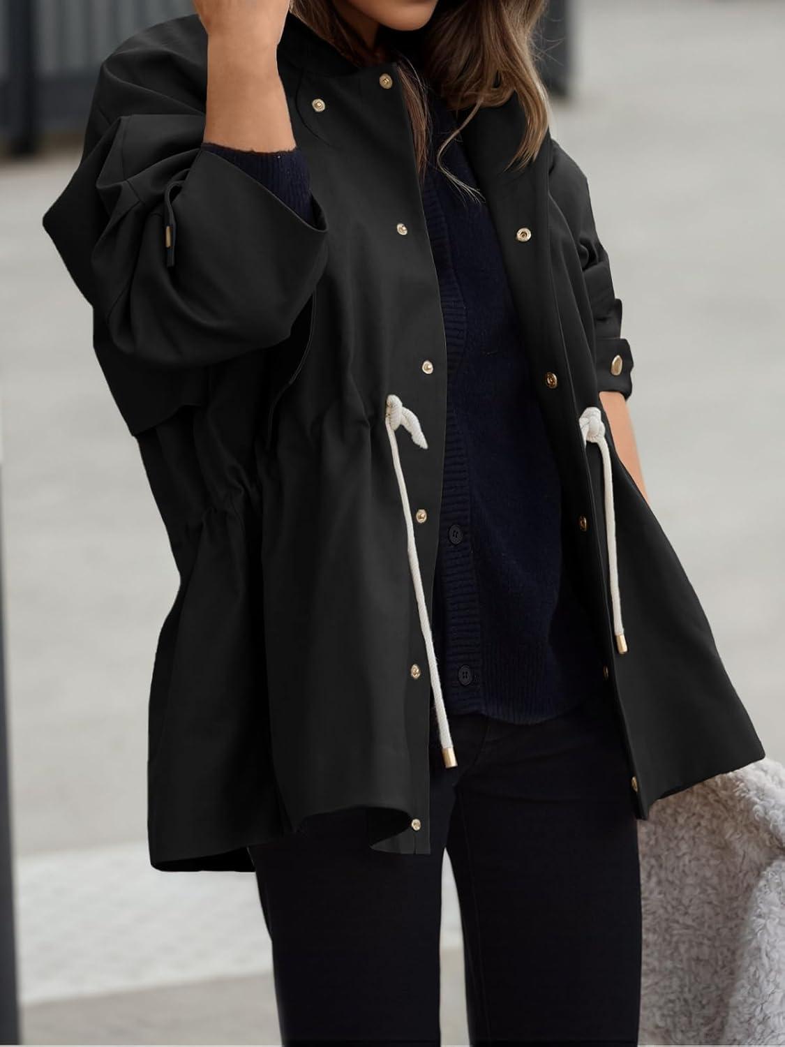 imageTankaneo Womens Oversized Trench Coat Mid Length Snap Button Fall Jacket Windproof Outerwear with DrawstringBlack