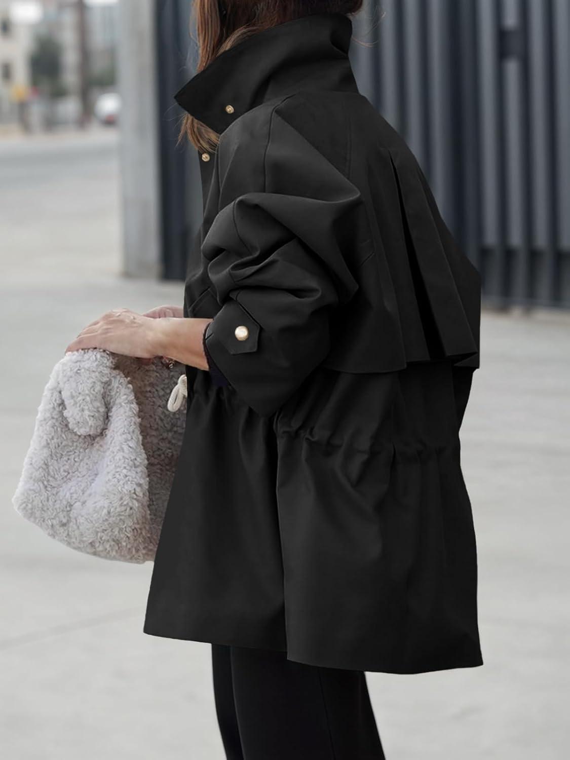 imageTankaneo Womens Oversized Trench Coat Mid Length Snap Button Fall Jacket Windproof Outerwear with DrawstringBlack