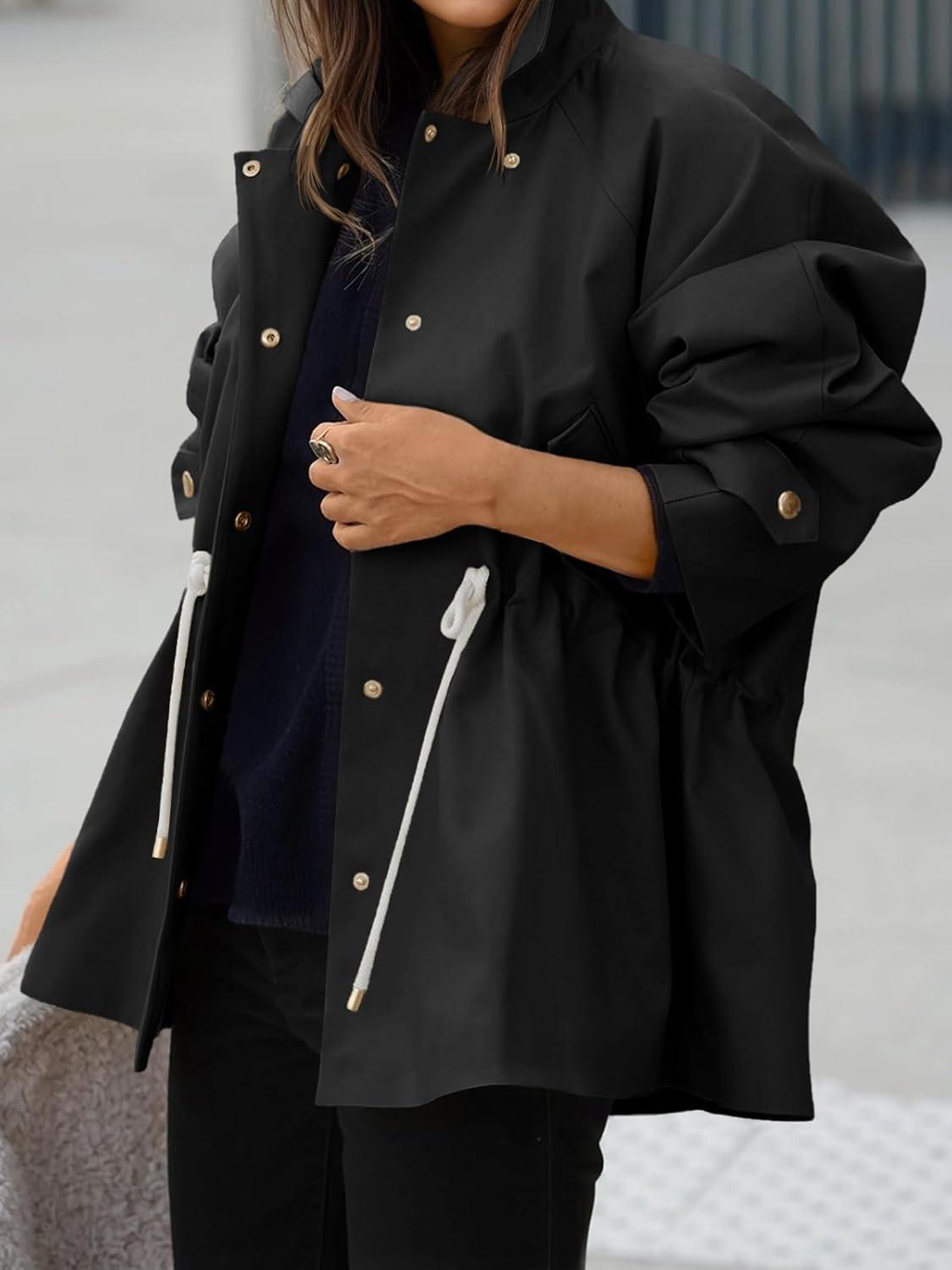 imageTankaneo Womens Oversized Trench Coat Mid Length Snap Button Fall Jacket Windproof Outerwear with DrawstringBlack