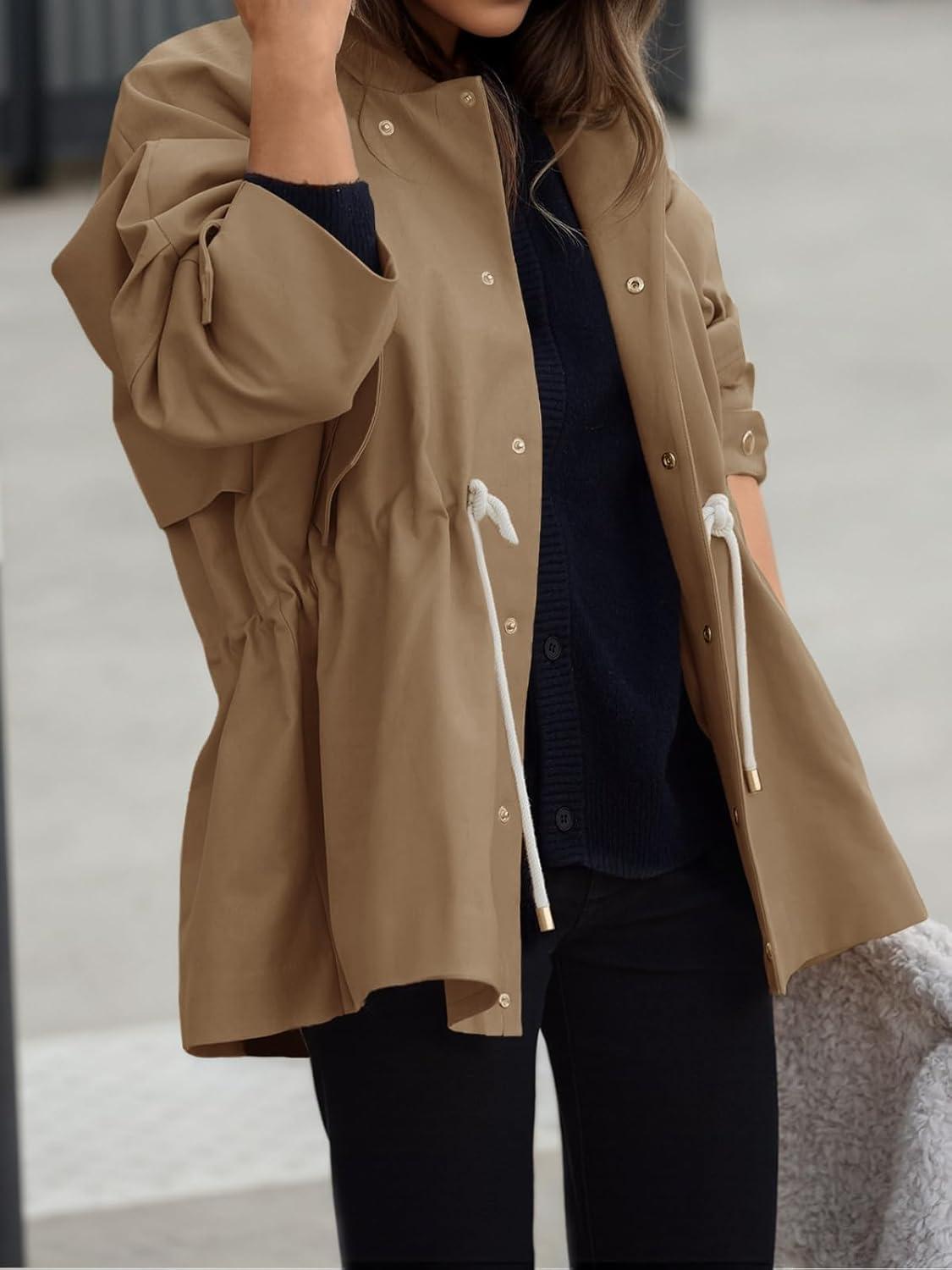 imageTankaneo Womens Oversized Trench Coat Mid Length Snap Button Fall Jacket Windproof Outerwear with DrawstringBrown