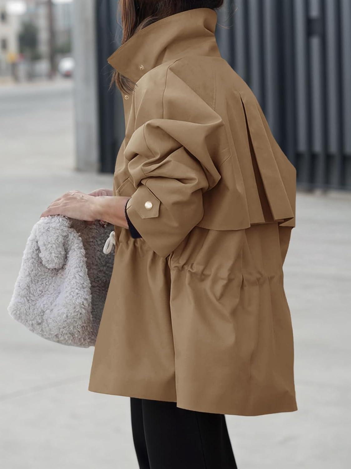 imageTankaneo Womens Oversized Trench Coat Mid Length Snap Button Fall Jacket Windproof Outerwear with DrawstringBrown