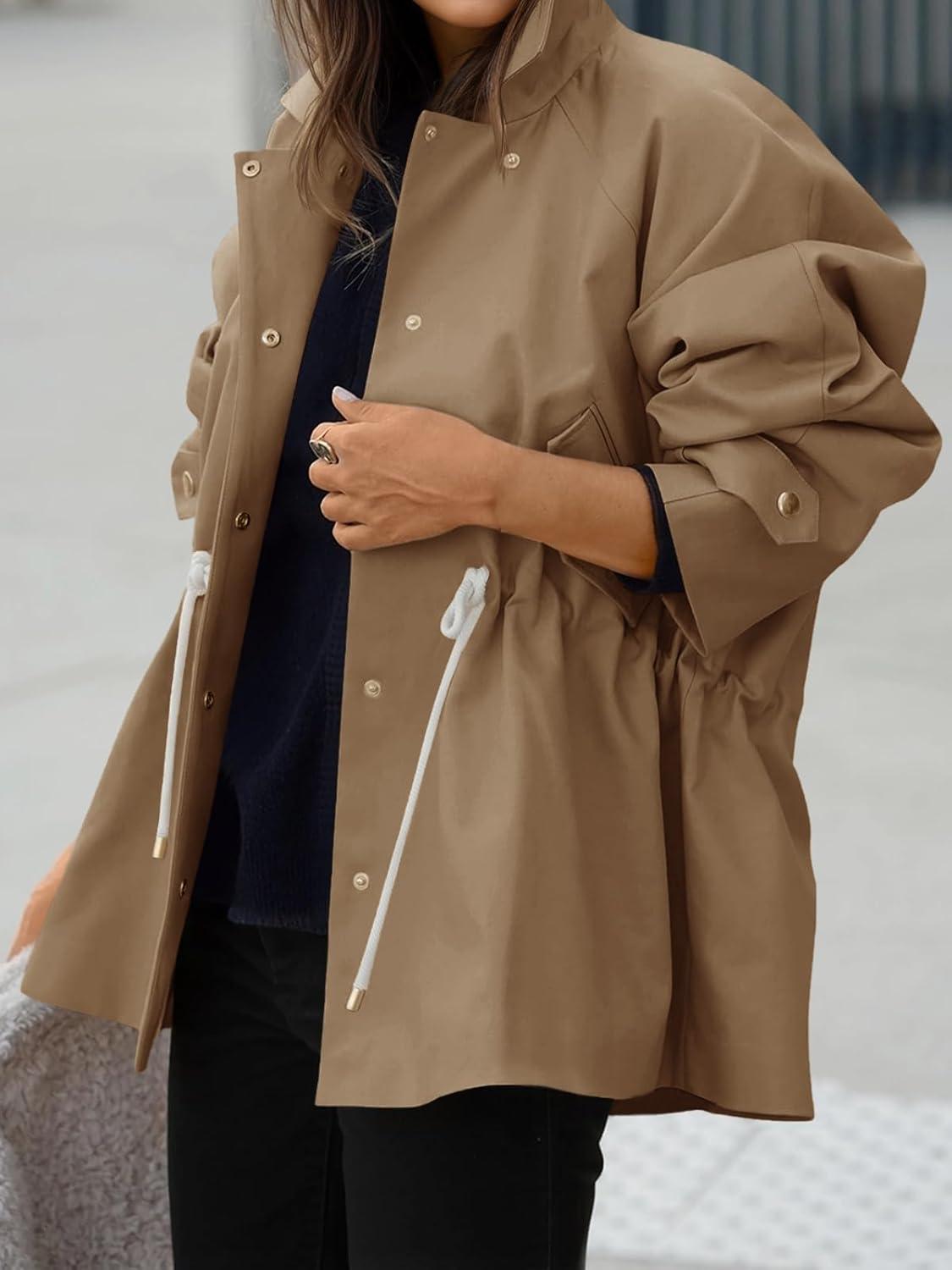 imageTankaneo Womens Oversized Trench Coat Mid Length Snap Button Fall Jacket Windproof Outerwear with DrawstringBrown