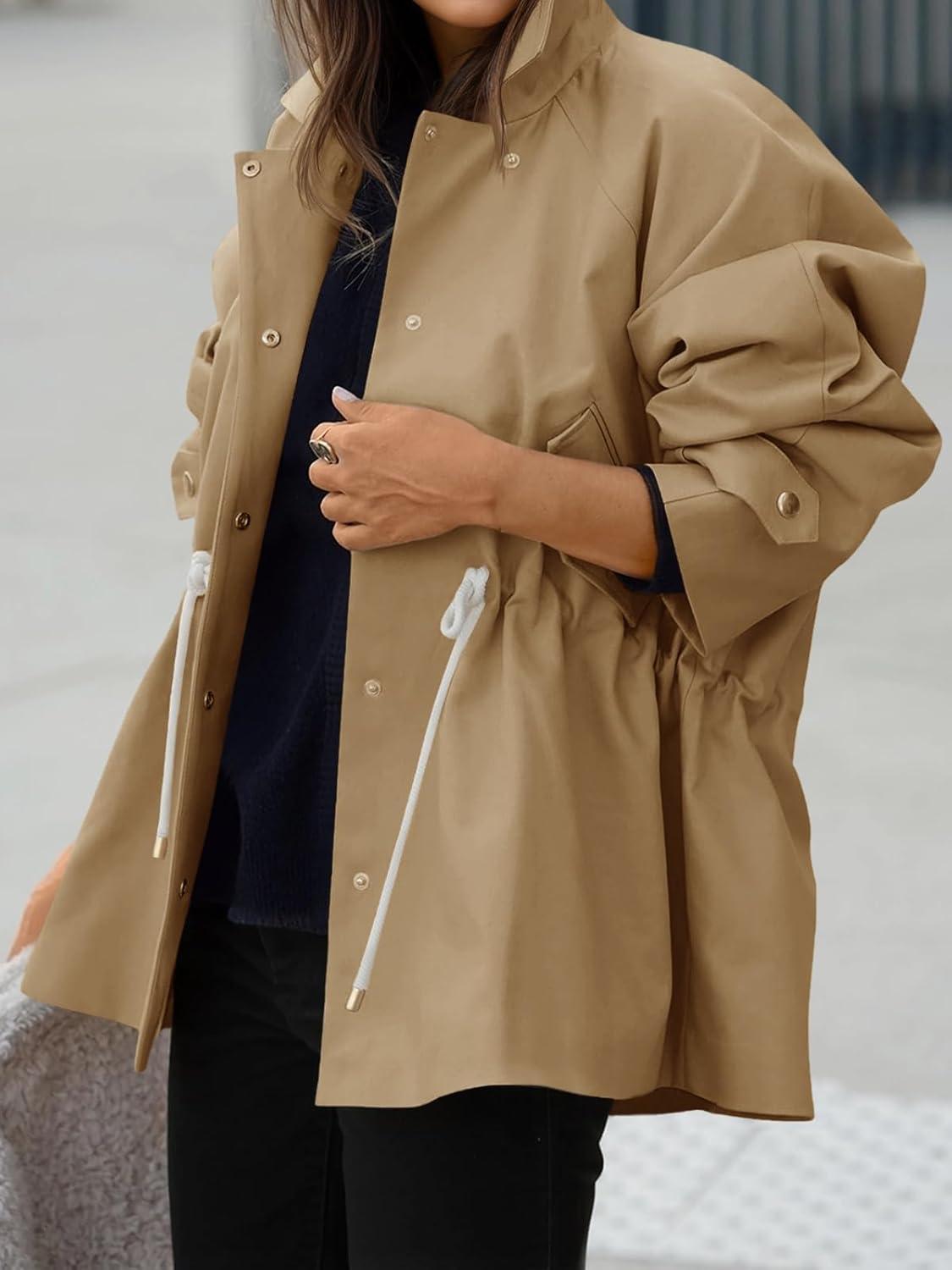 imageTankaneo Womens Oversized Trench Coat Mid Length Snap Button Fall Jacket Windproof Outerwear with DrawstringKhaki