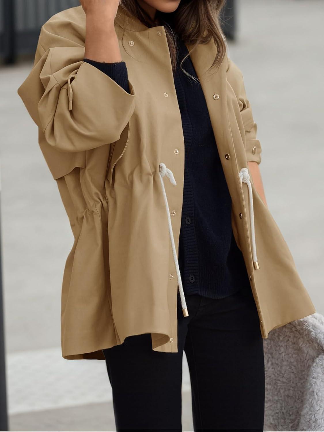 imageTankaneo Womens Oversized Trench Coat Mid Length Snap Button Fall Jacket Windproof Outerwear with DrawstringKhaki