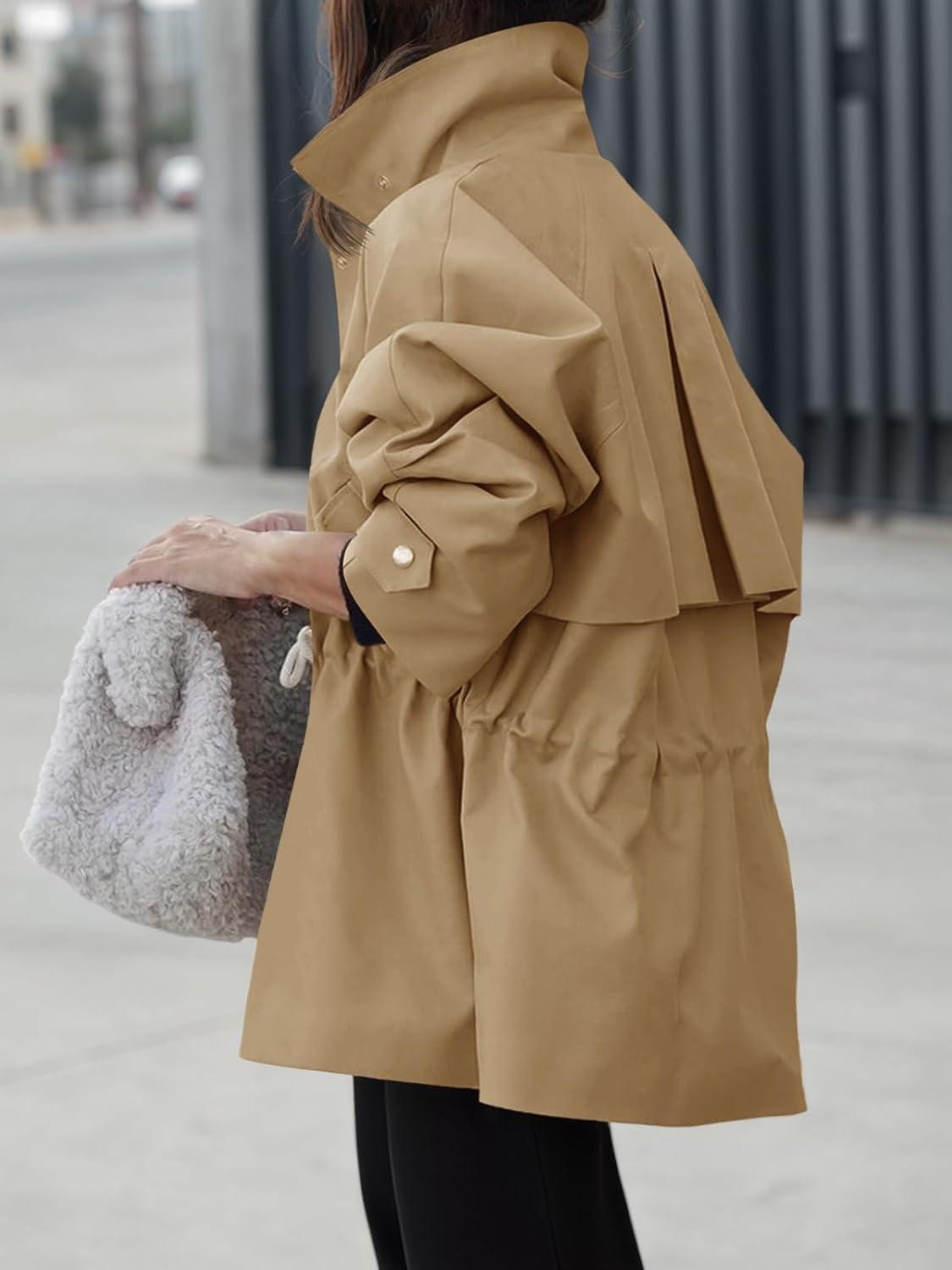 imageTankaneo Womens Oversized Trench Coat Mid Length Snap Button Fall Jacket Windproof Outerwear with DrawstringKhaki