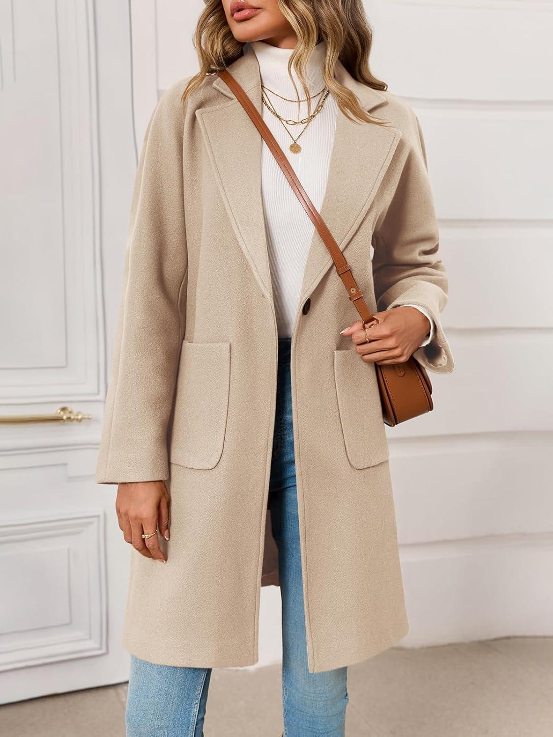 imageTankaneo Womens Pea Coat Notched Lapel Single Breasted Long Jacket Winter Casual Trench Coat OuterwearApricot