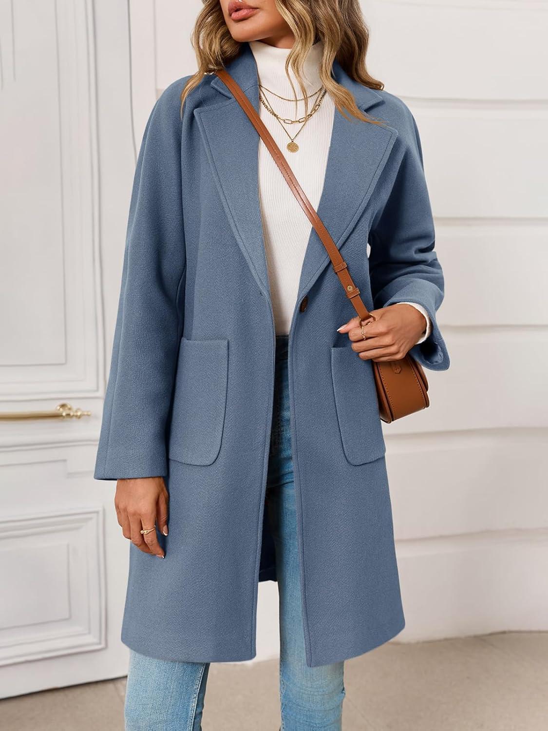 imageTankaneo Womens Pea Coat Notched Lapel Single Breasted Long Jacket Winter Casual Trench Coat OuterwearBlue