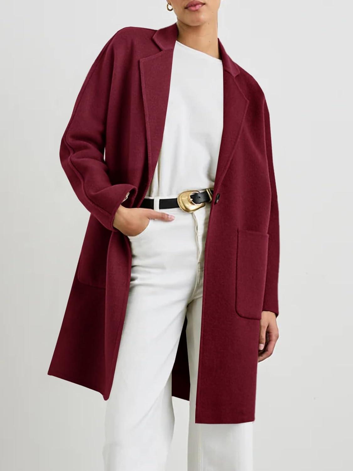 imageTankaneo Womens Pea Coat Notched Lapel Single Breasted Long Jacket Winter Casual Trench Coat OuterwearBurgundy