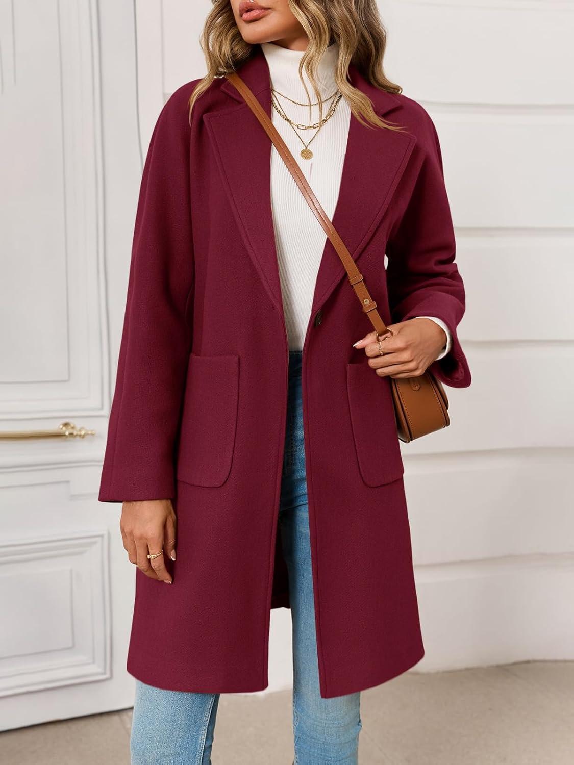 imageTankaneo Womens Pea Coat Notched Lapel Single Breasted Long Jacket Winter Casual Trench Coat OuterwearBurgundy