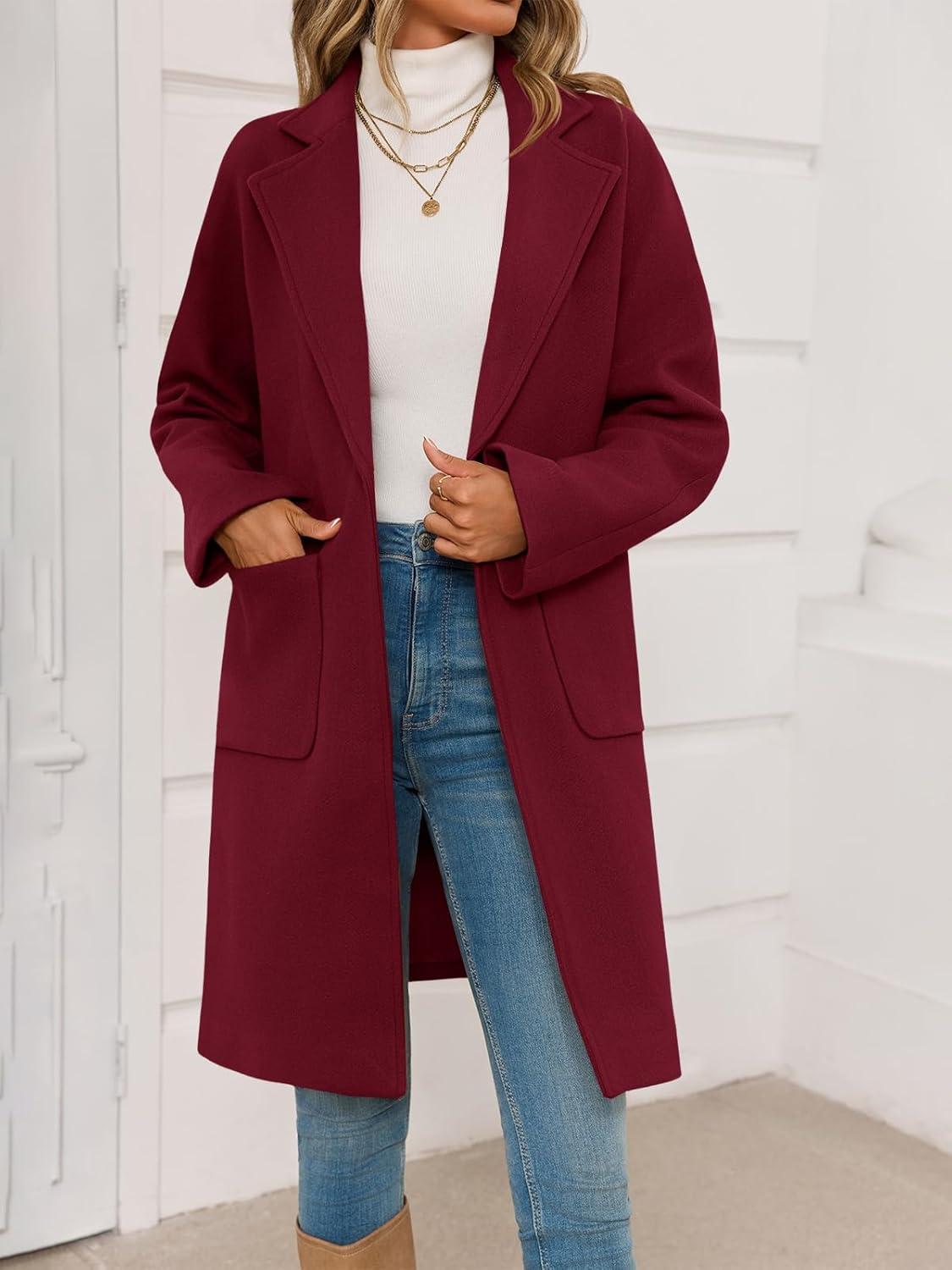 imageTankaneo Womens Pea Coat Notched Lapel Single Breasted Long Jacket Winter Casual Trench Coat OuterwearBurgundy