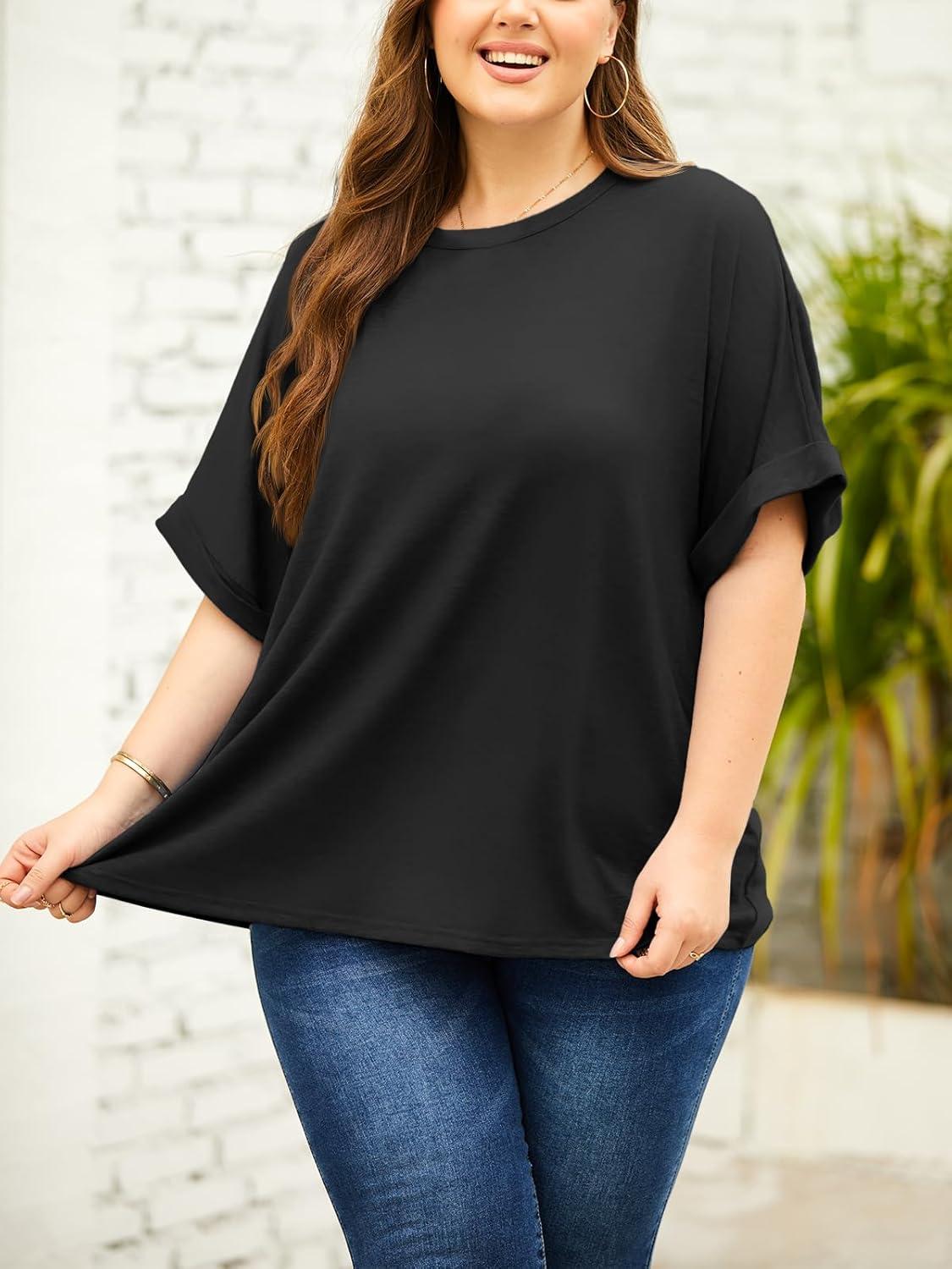 imageTankaneo Womens Plus Size Short Sleeve T Shirts Summer Half Sleeve Crew Neck Oversized Tees Casual Loose Fit Tunic TopsBlack