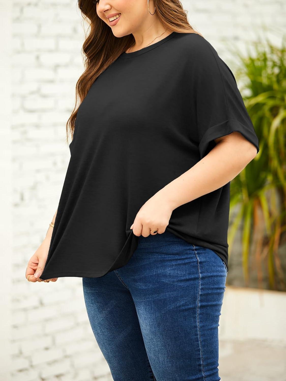 imageTankaneo Womens Plus Size Short Sleeve T Shirts Summer Half Sleeve Crew Neck Oversized Tees Casual Loose Fit Tunic TopsBlack