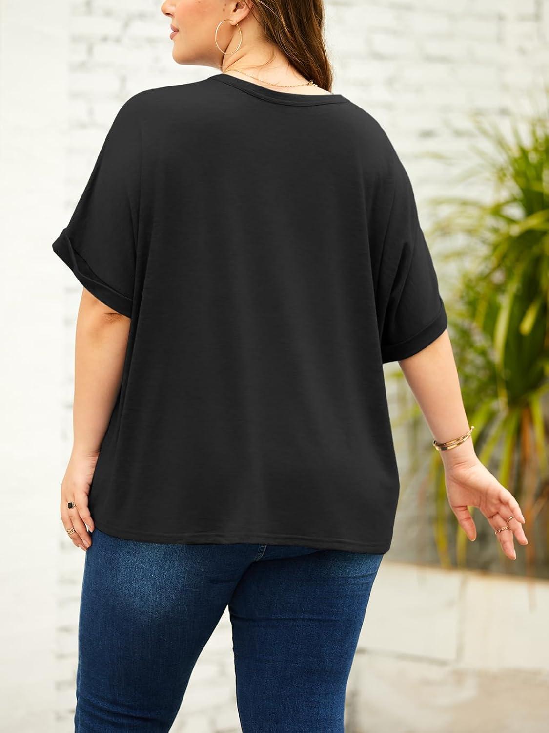 imageTankaneo Womens Plus Size Short Sleeve T Shirts Summer Half Sleeve Crew Neck Oversized Tees Casual Loose Fit Tunic TopsBlack