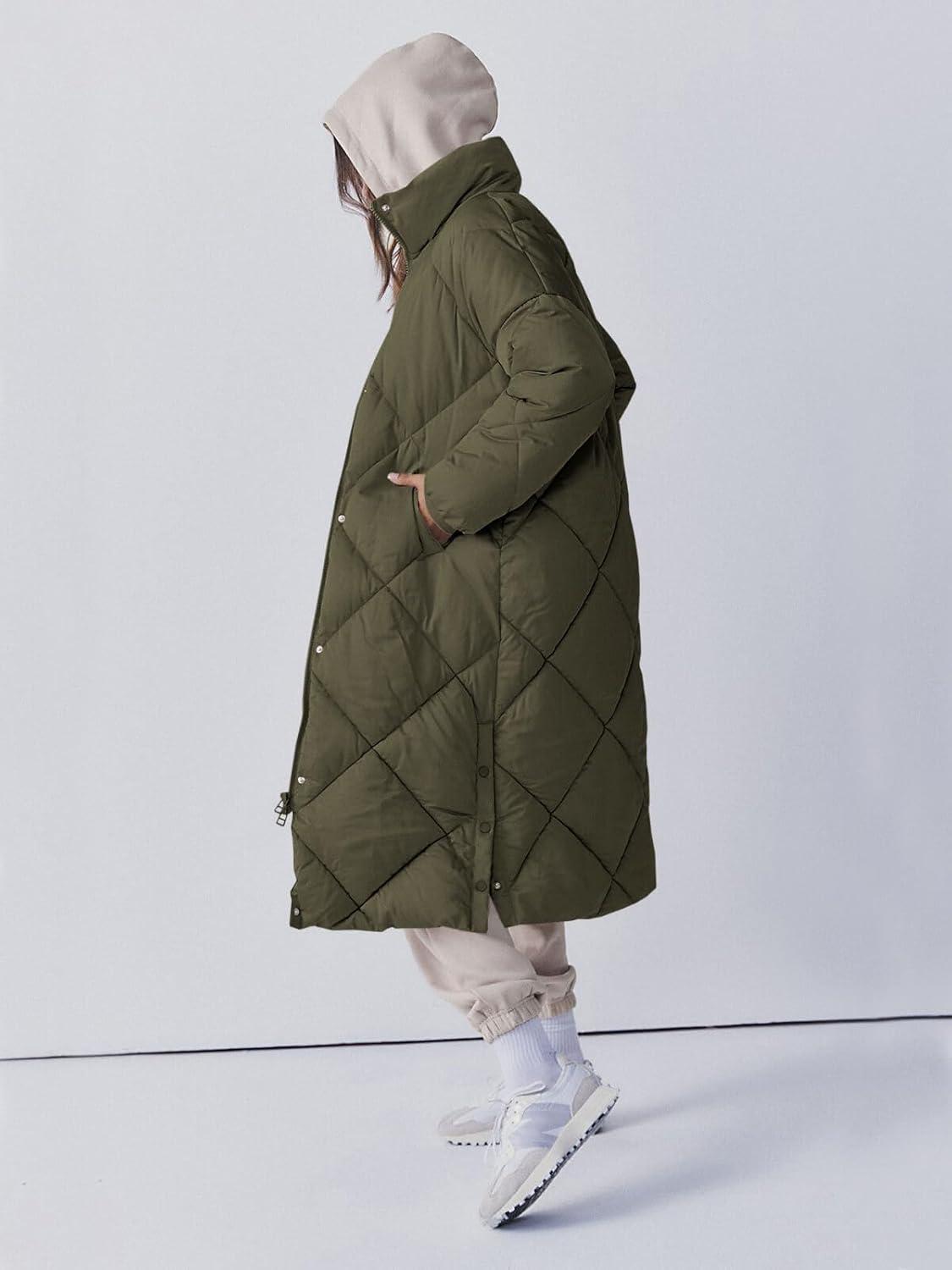 imageTankaneo Womens Quilted Puffer Jacket Long Winter Coats Zip Up Baggy Down Outerwear with PocketsArmy Green