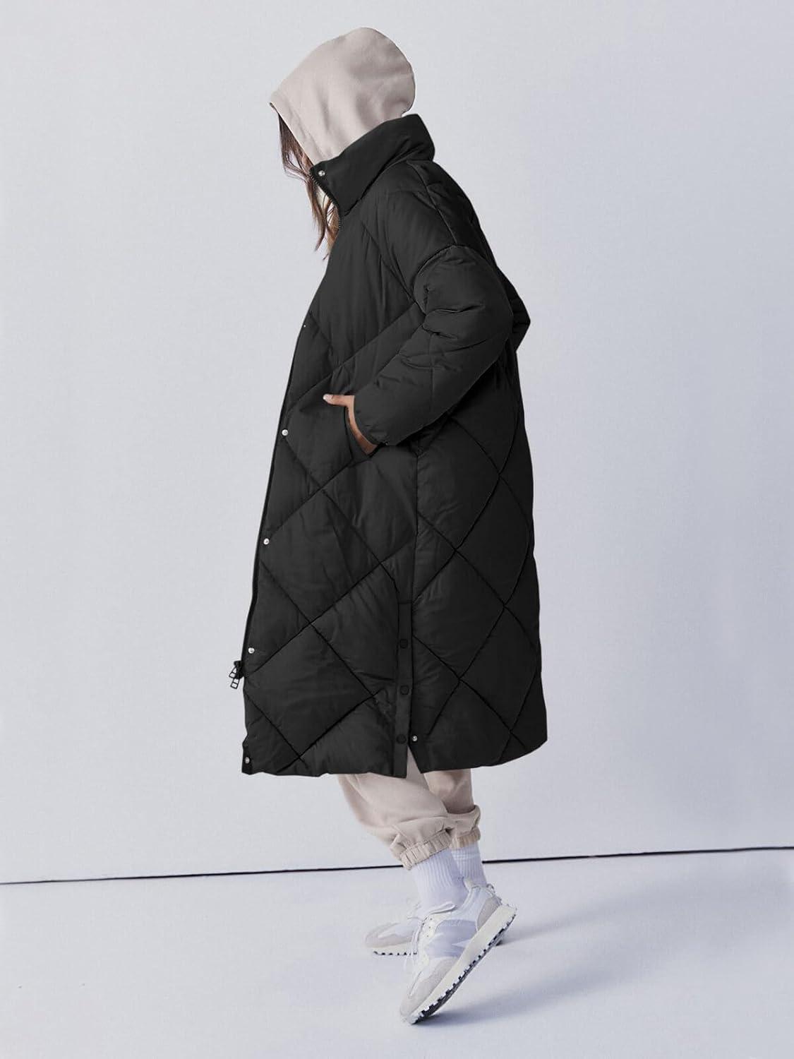 imageTankaneo Womens Quilted Puffer Jacket Long Winter Coats Zip Up Baggy Down Outerwear with PocketsBlack