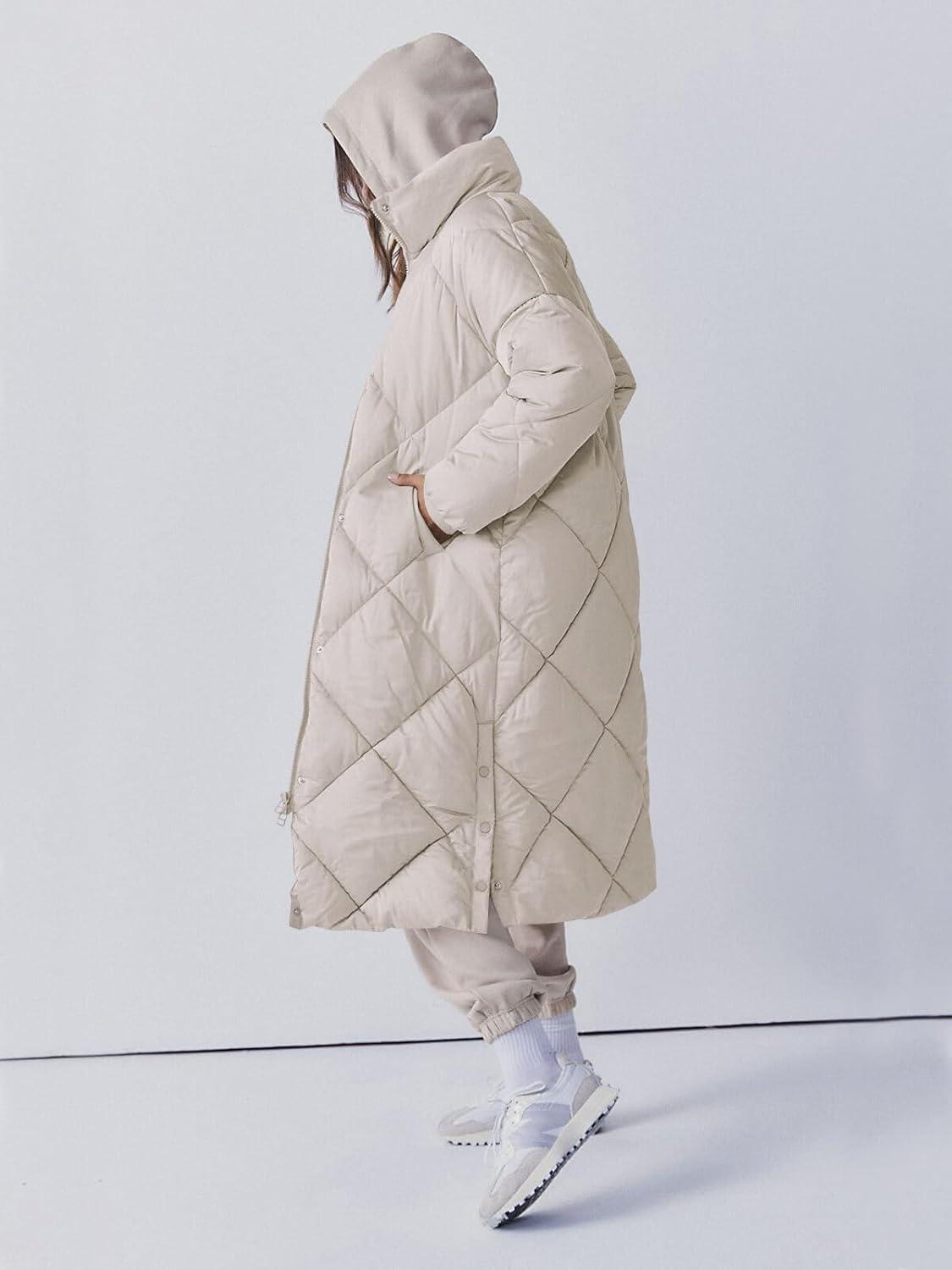 imageTankaneo Womens Quilted Puffer Jacket Long Winter Coats Zip Up Baggy Down Outerwear with PocketsKhaki