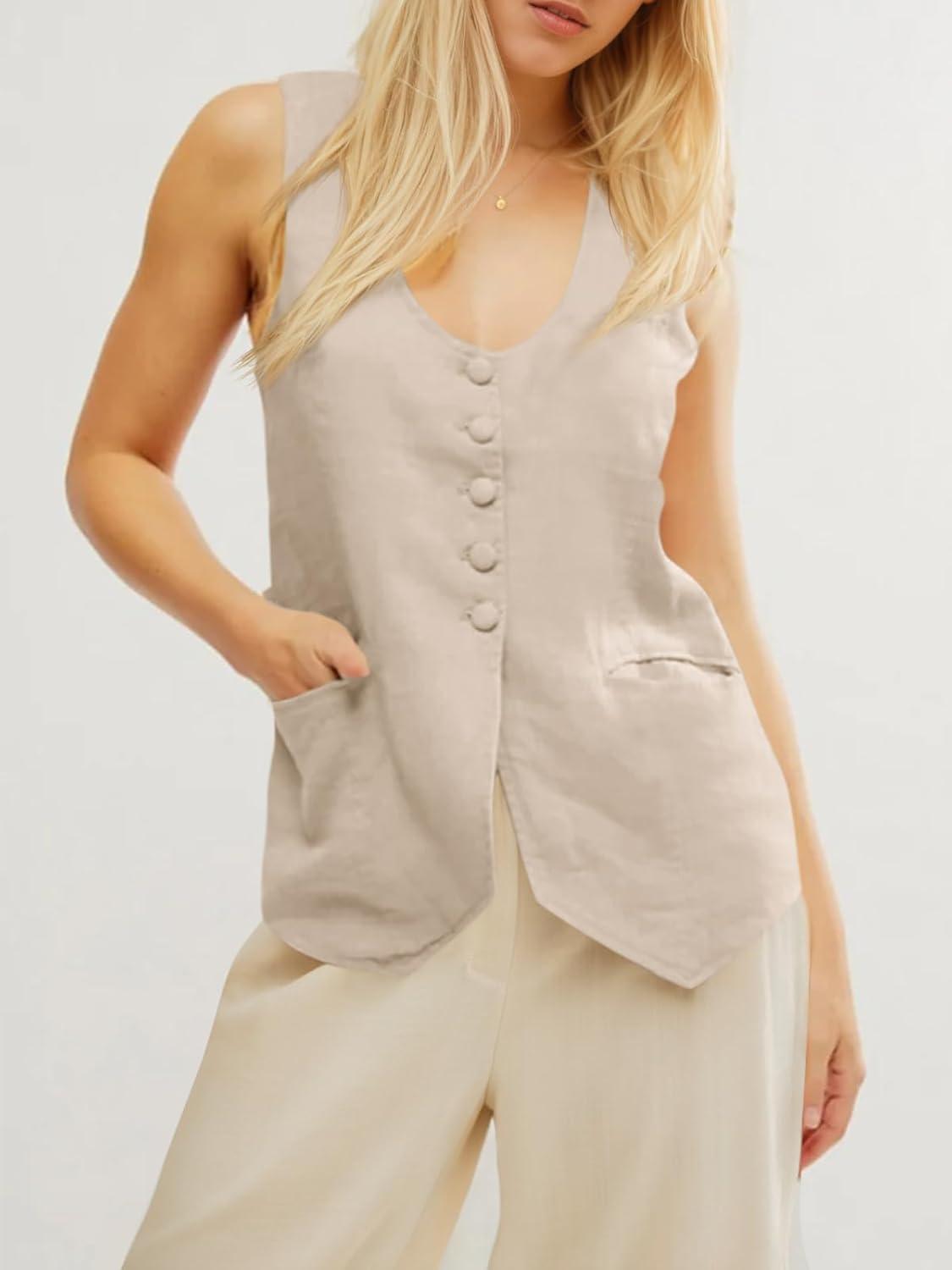 imageTankaneo Womens Scoop Neck Blazer Vest Summer Linen Sleeveless Fitted Waistcoat Work Casual Cotton Suit TopsLight Khaki