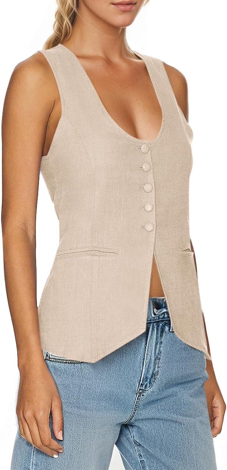 imageTankaneo Womens Scoop Neck Blazer Vest Summer Linen Sleeveless Fitted Waistcoat Work Casual Cotton Suit TopsLight Khaki