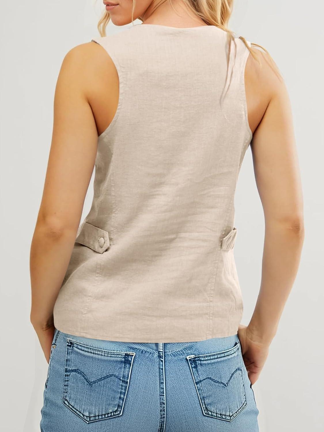 imageTankaneo Womens Scoop Neck Blazer Vest Summer Linen Sleeveless Fitted Waistcoat Work Casual Cotton Suit TopsLight Khaki