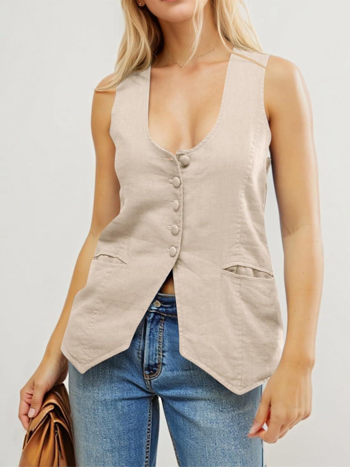 imageTankaneo Womens Scoop Neck Blazer Vest Summer Linen Sleeveless Fitted Waistcoat Work Casual Cotton Suit TopsLight Khaki