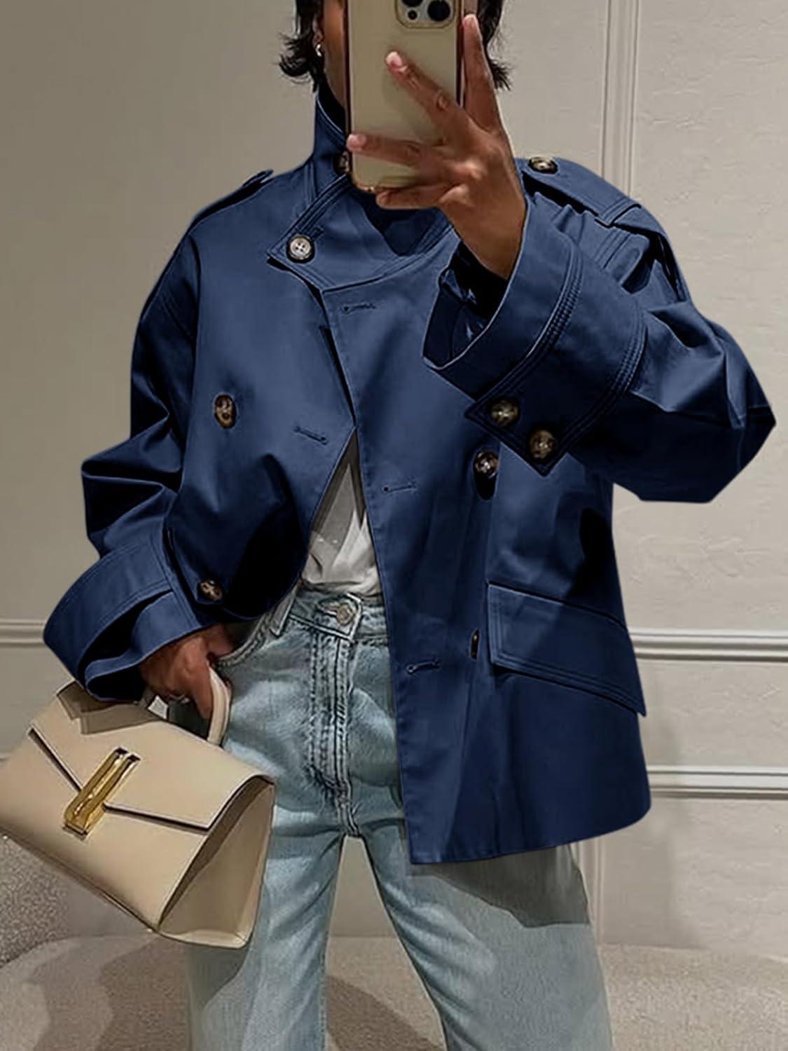 imageTankaneo Womens Short Trench Coat Oversized Double Breasted Stand Collar Cropped Jacket Fall Casual Work OuterwearNavy Blue