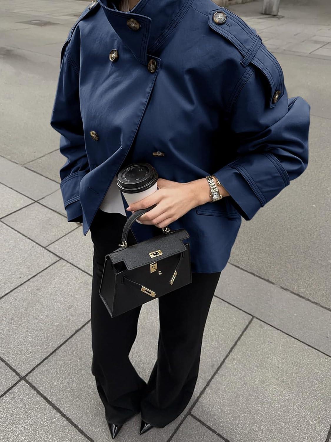 imageTankaneo Womens Short Trench Coat Oversized Double Breasted Stand Collar Cropped Jacket Fall Casual Work OuterwearNavy Blue