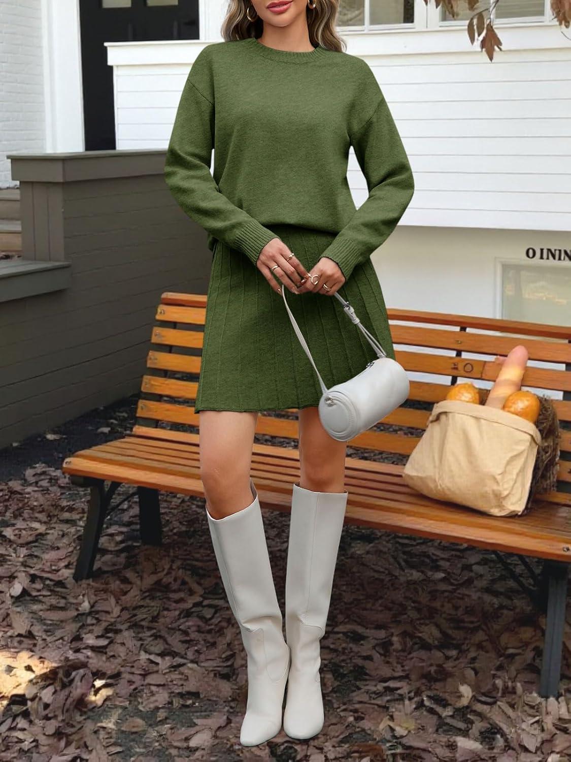 imageTankaneo Womens Skirt 2 Piece Sweater Set Long Sleeve Crewneck Sweaters Pleated Mini Skirt Knit Lounge SetsArmy Green