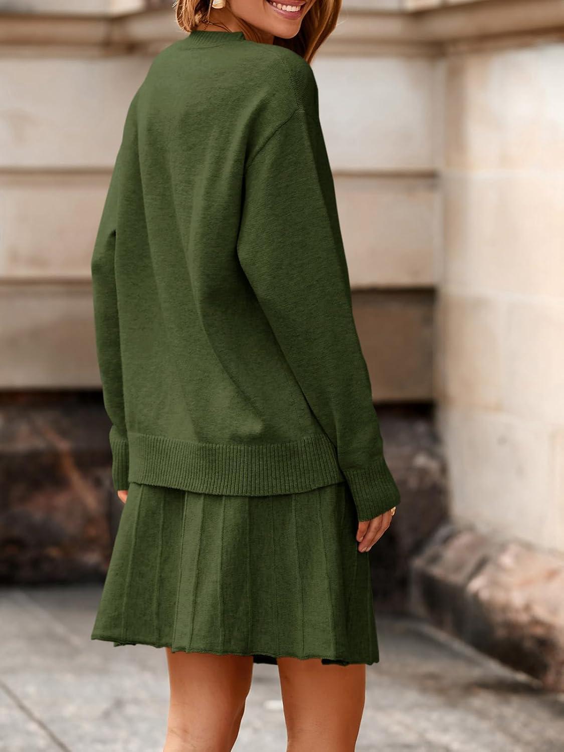 imageTankaneo Womens Skirt 2 Piece Sweater Set Long Sleeve Crewneck Sweaters Pleated Mini Skirt Knit Lounge SetsArmy Green
